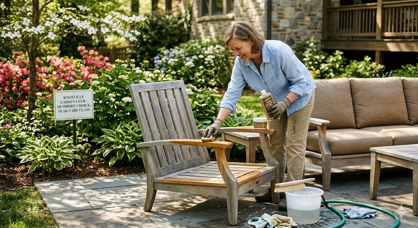 woman caring for teak furniture in knoxville