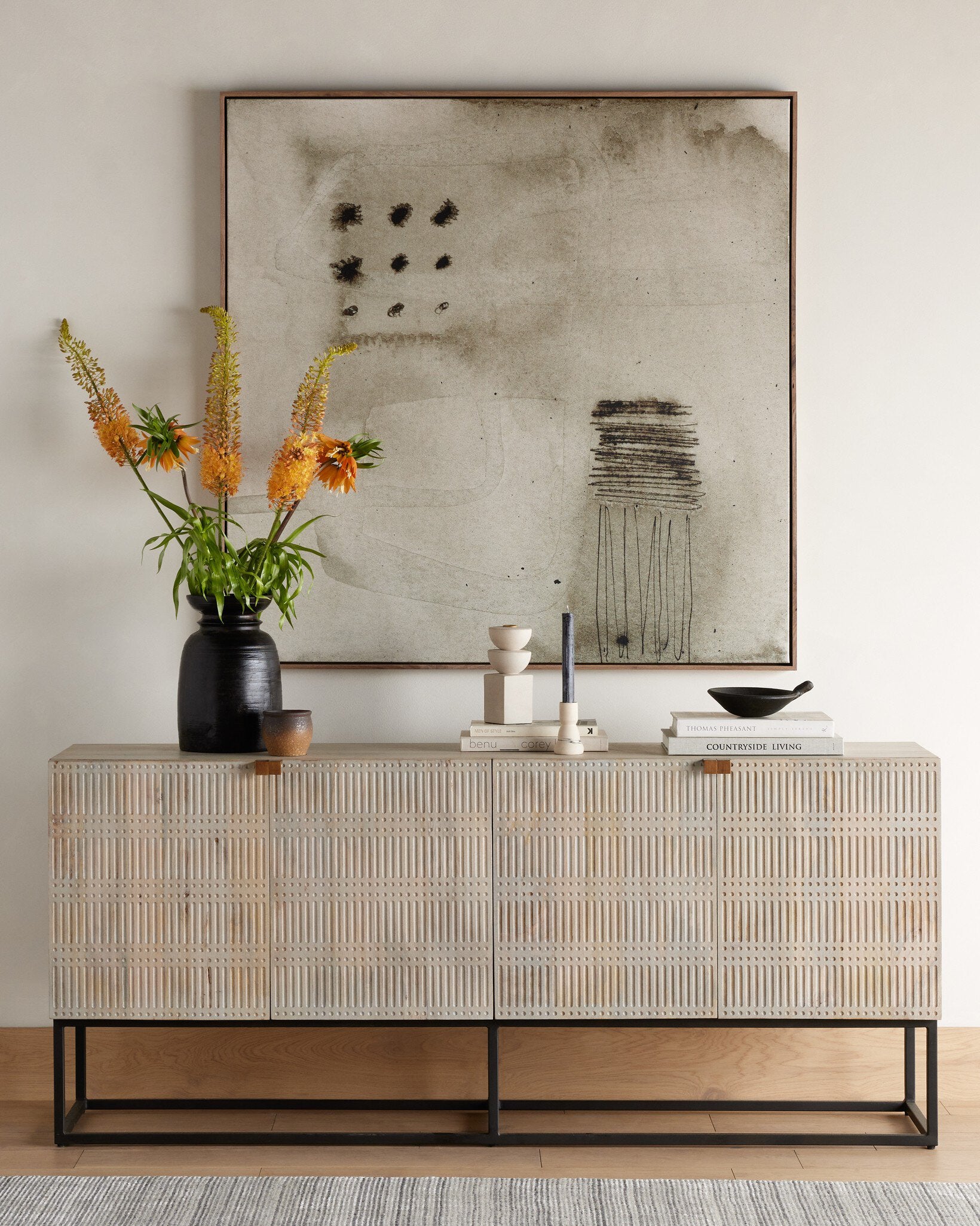 Four Hands Kelby Sideboard — Light Wash Carved Mango-Light Wash Mango-Gunmetal