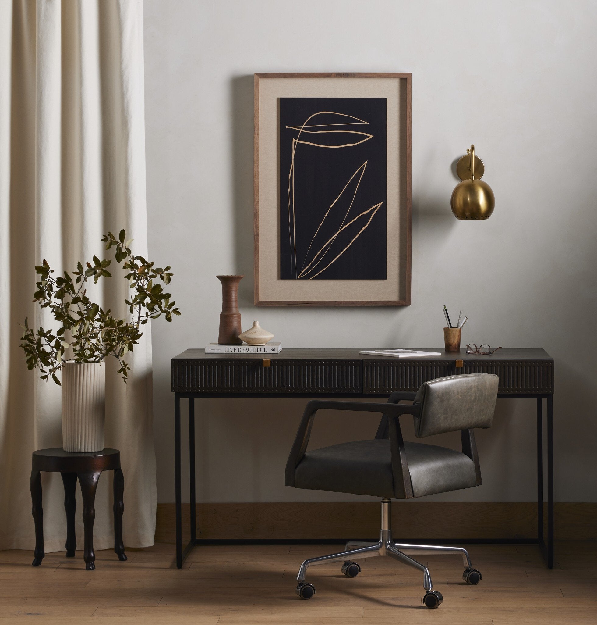 Four Hands Kelby Writing Desk — Carved Vintage Brown-Vintage Brown-Gunmetal
