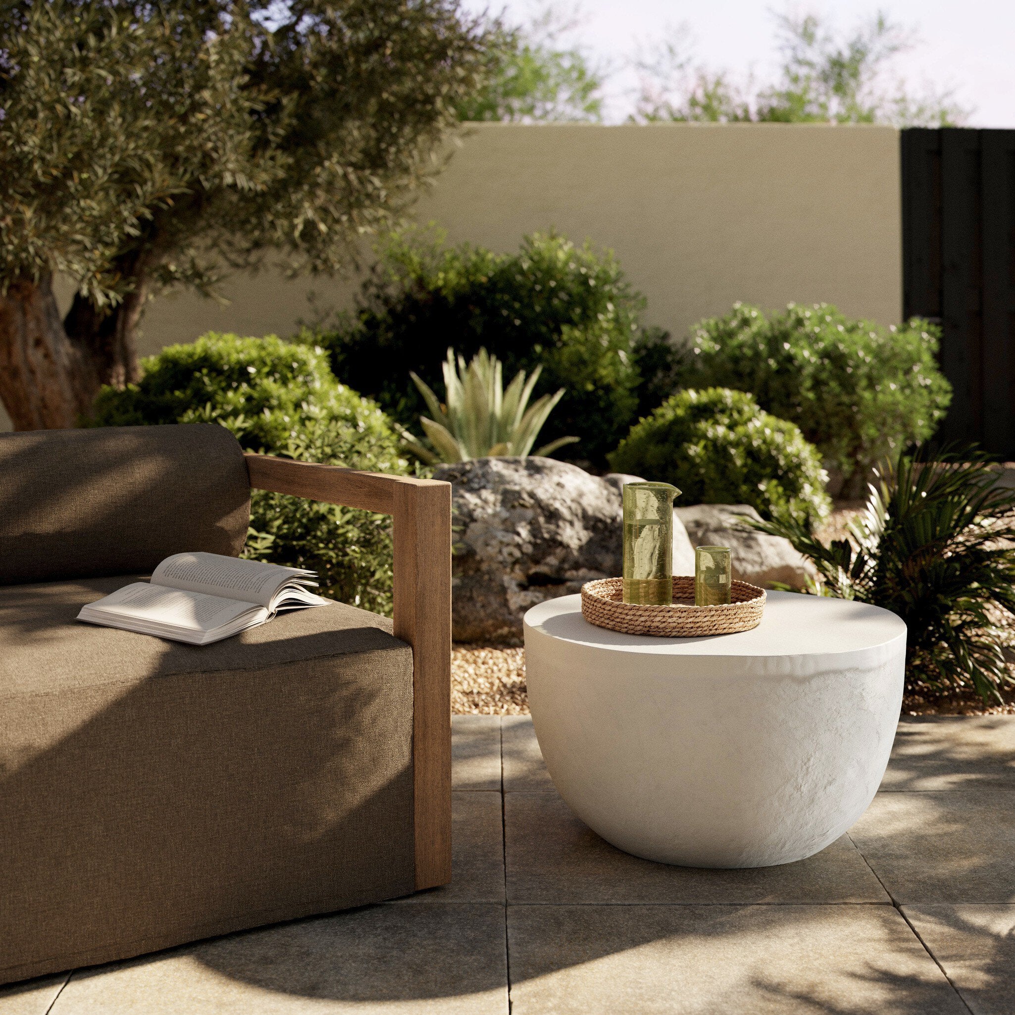 Four Hands Basil Outdoor End Table — Matte White Cast Aluminum