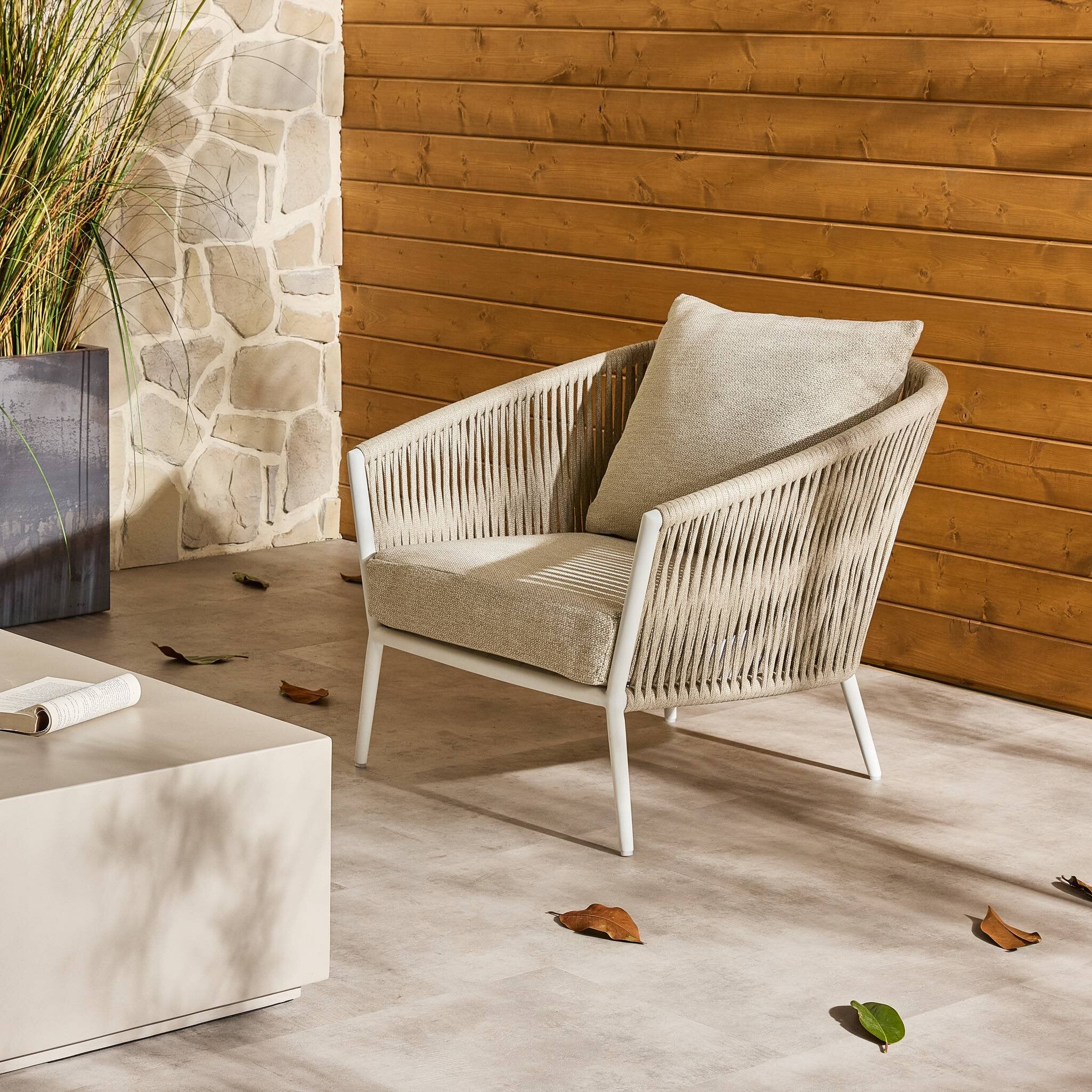 Four Hands Porto Outdoor Chair — Faye Sand-White Aluminum-Ivory Rope