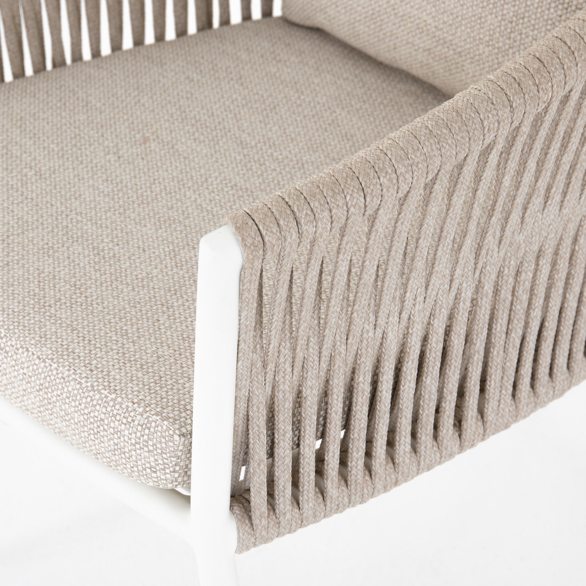 Four Hands Porto Outdoor Dining Chair — White Aluminum-Faye Sand-Ivory Rope