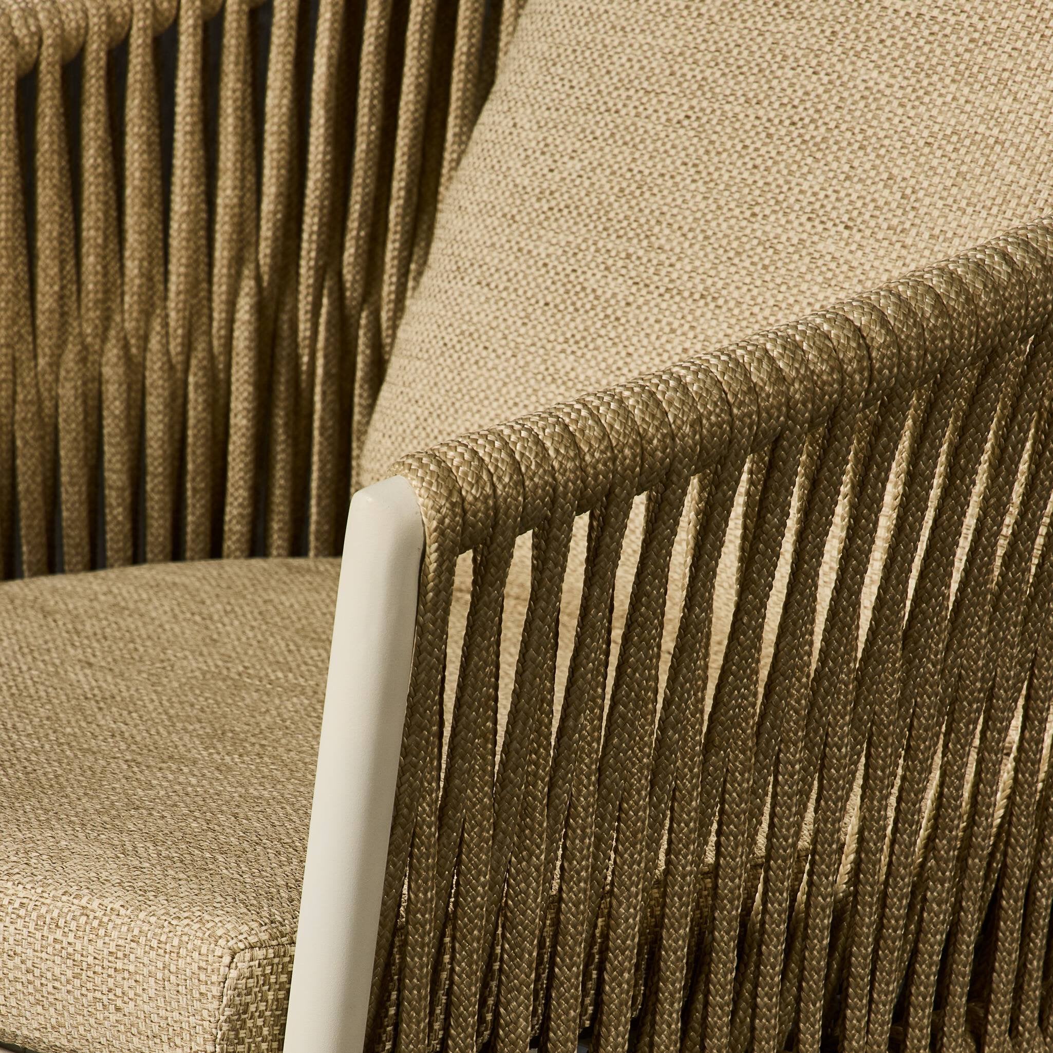 Four Hands Porto Outdoor Dining Chair — White Aluminum-Faye Sand-Ivory Rope