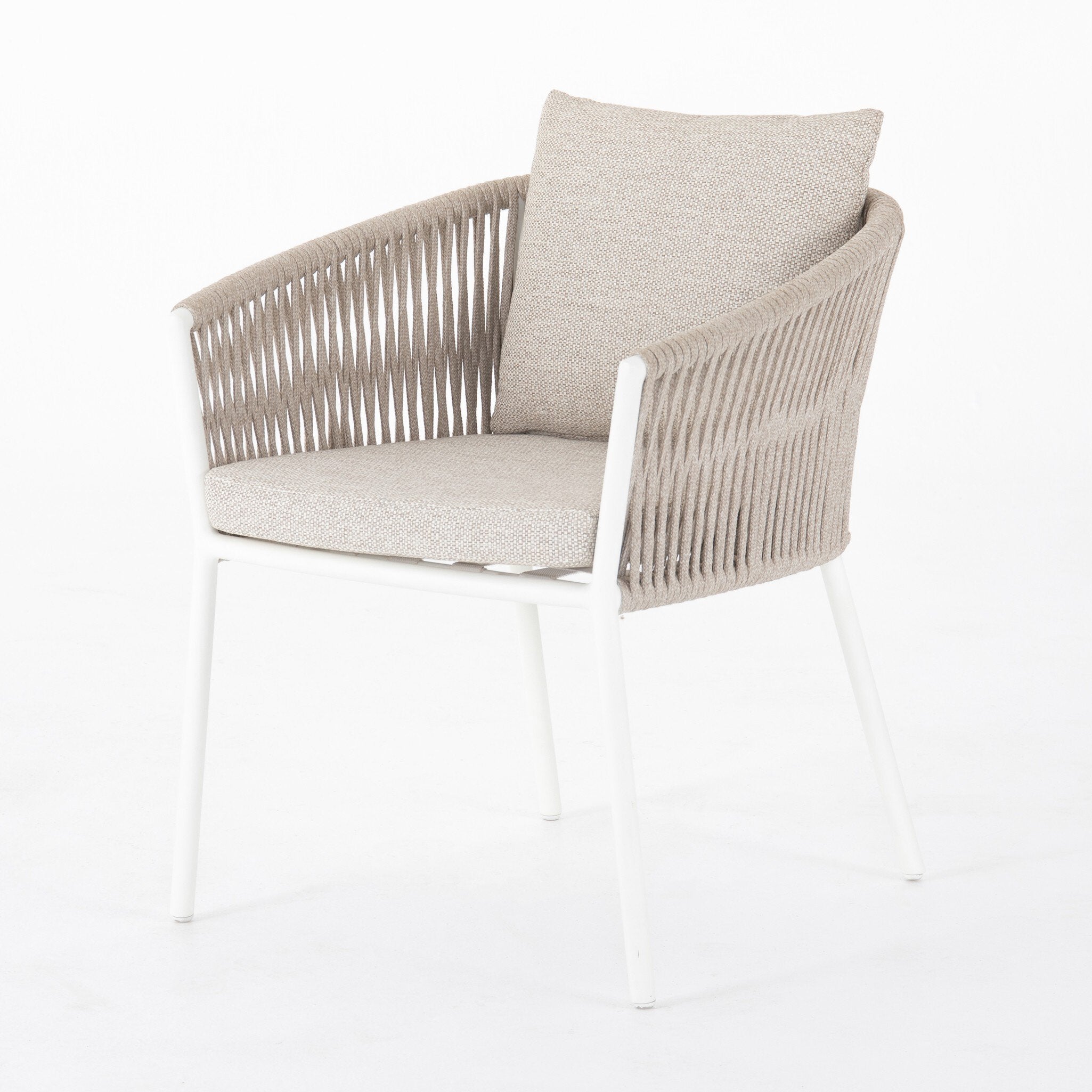 Four Hands Porto Outdoor Dining Chair — White Aluminum-Faye Sand-Ivory Rope