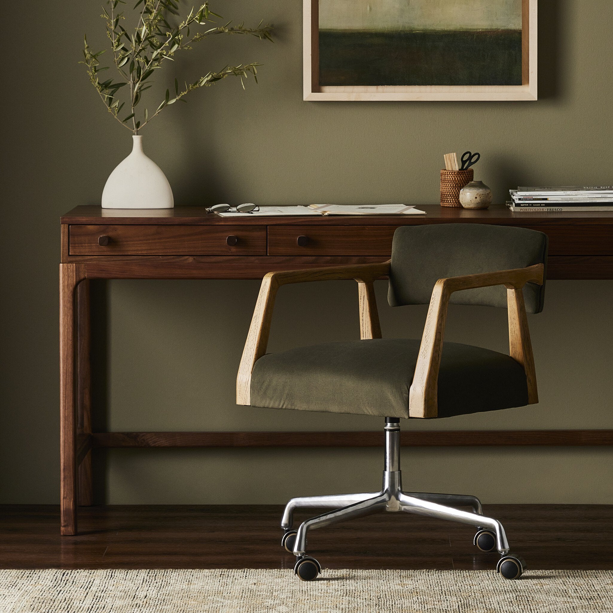 Four Hands Tyler Desk Chair — Modern Velvet Loden-Distressed Oak-Stainless Steel