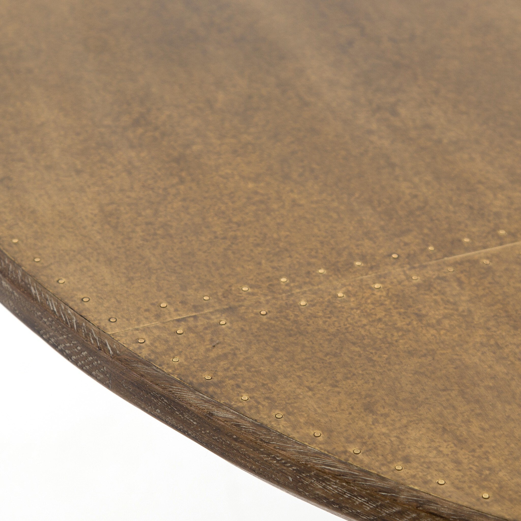 Four Hands Powell Dining Table — Bright Brass Clad-Light Burnt Oak-Dark Rustic Black
