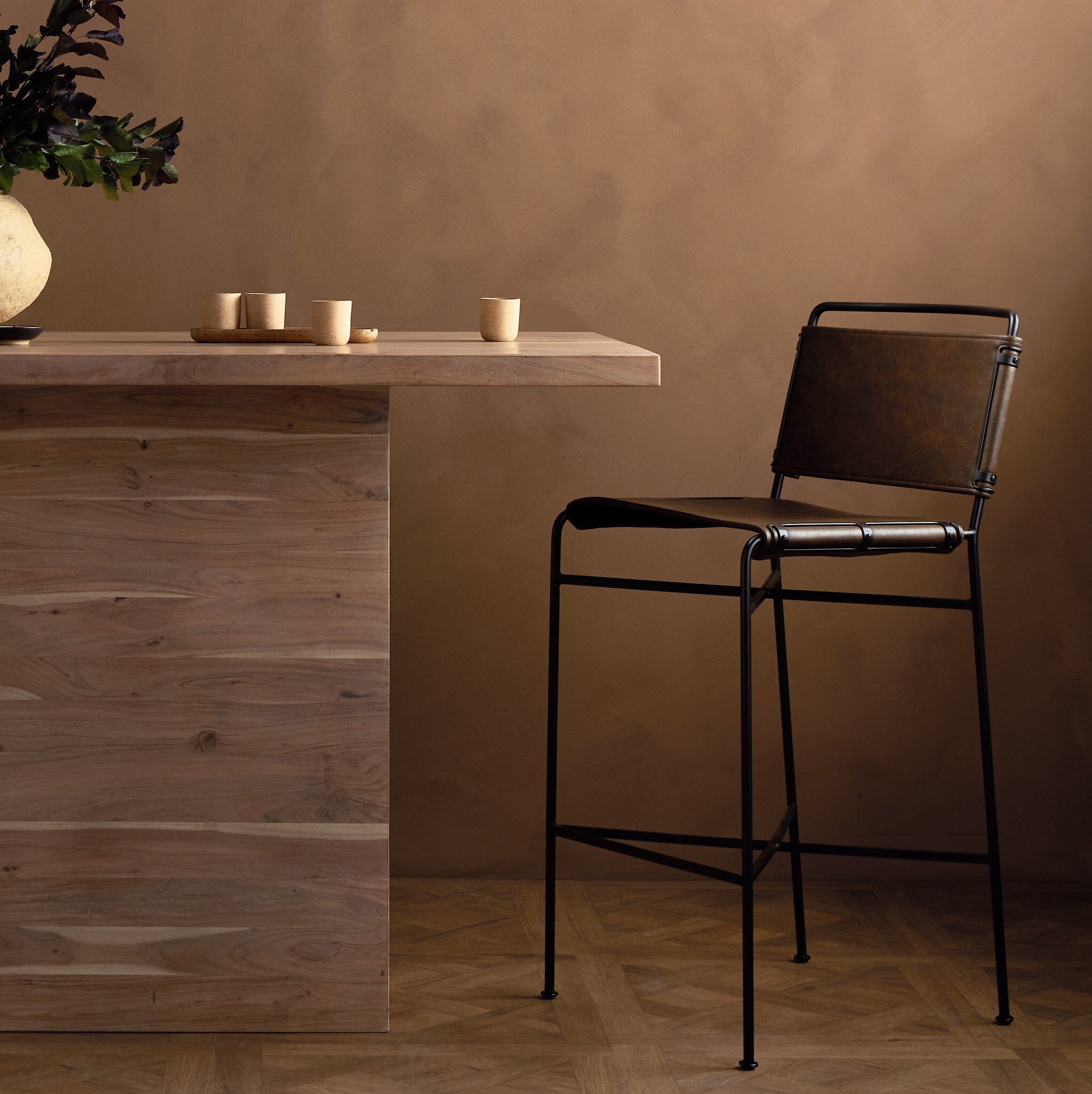 Four Hands Wharton Bar + Counter Stool — Distressed Brown-Waxed Black-Bar
