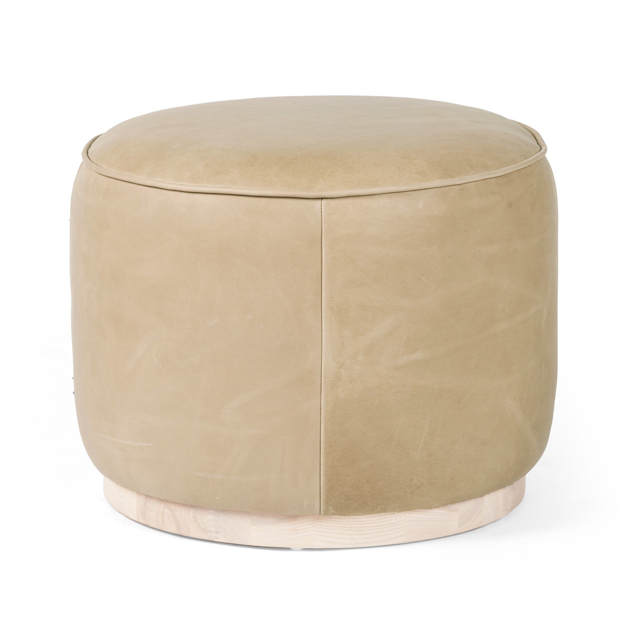 Four Hands Sinclair Round Ottoman — Harness Burlap-Natural Whitewash Ash