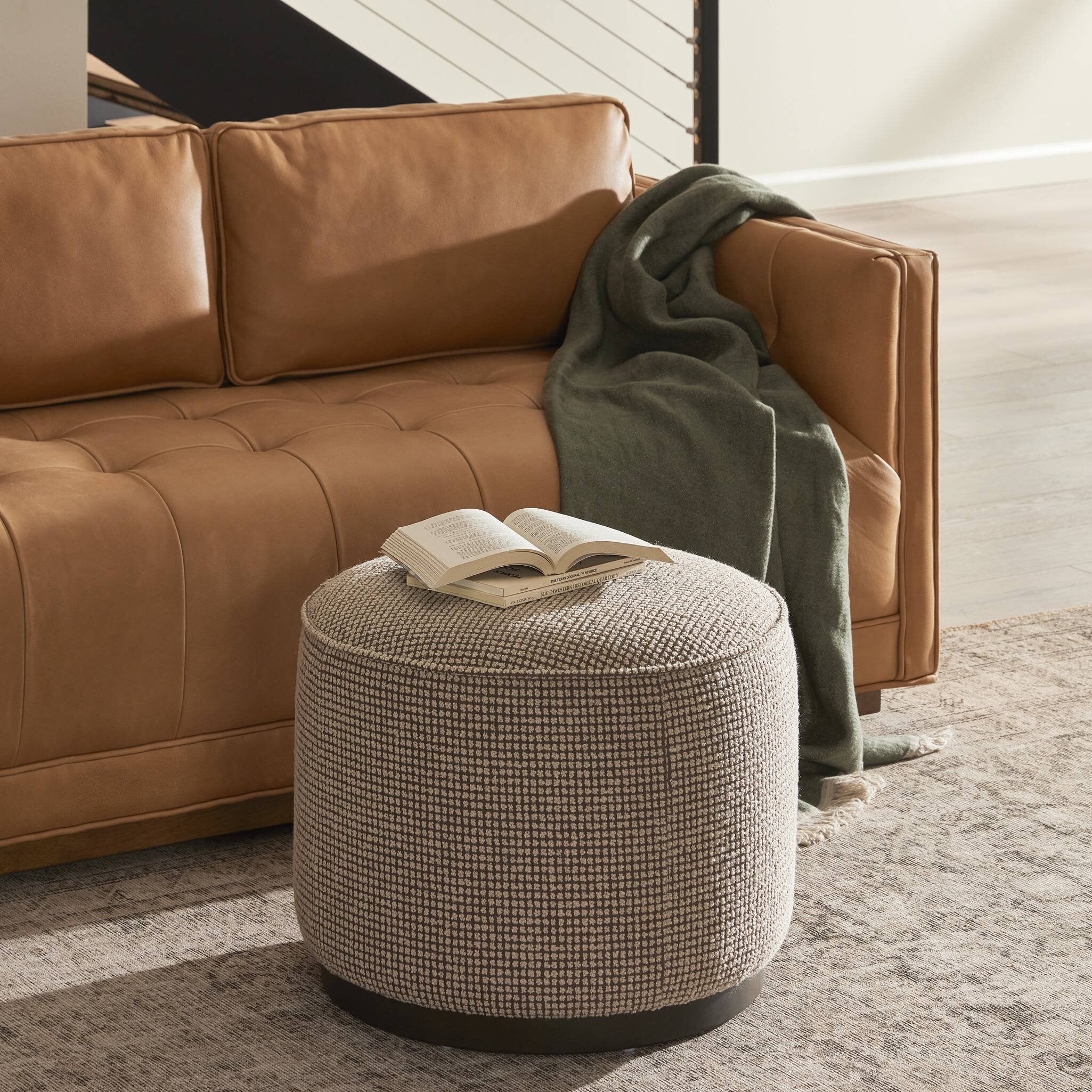Four Hands Sinclair Round Ottoman — Barrow Taupe-Sienna Brown