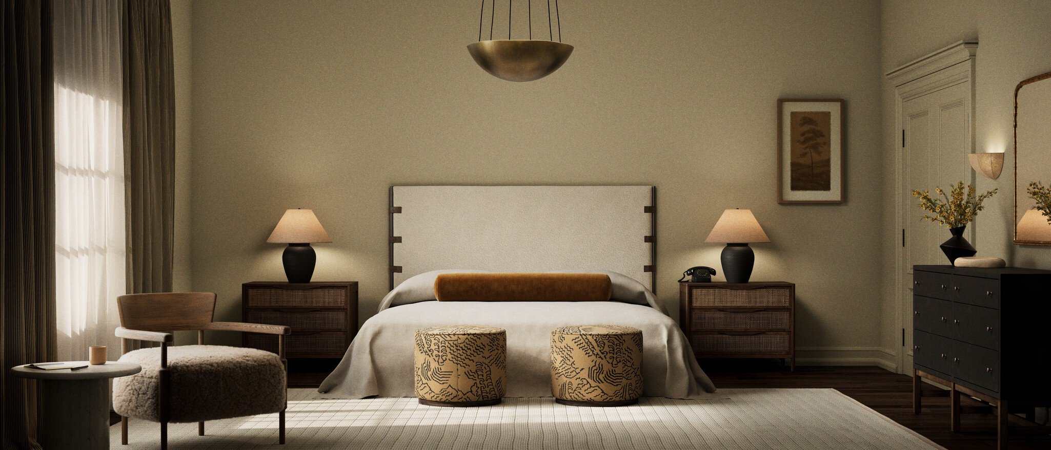Four Hands Sinclair Round Ottoman — Balkan Ochre-Sienna Brown