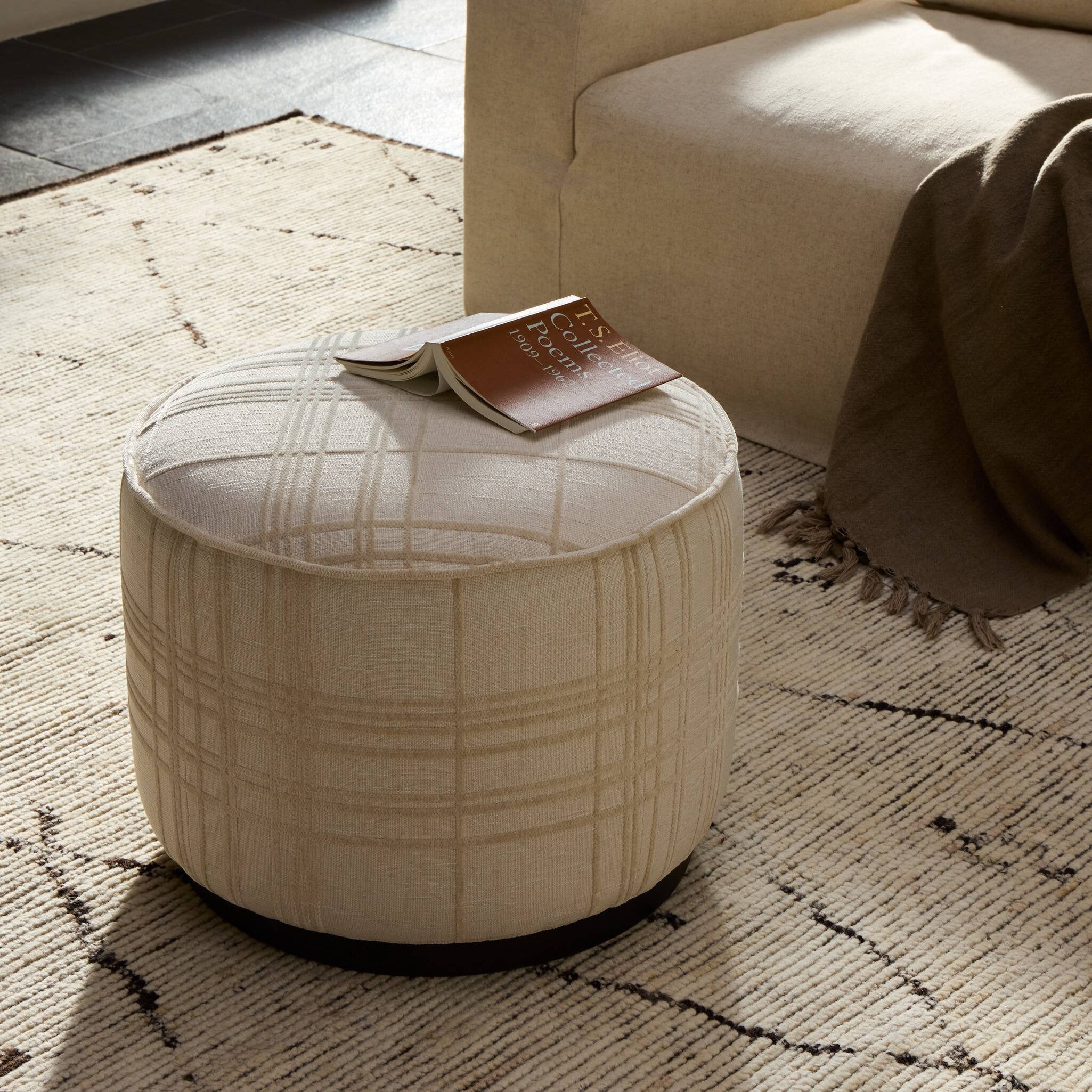 Four Hands Sinclair Round Ottoman — Sheffield Ivory-Sienna Brown
