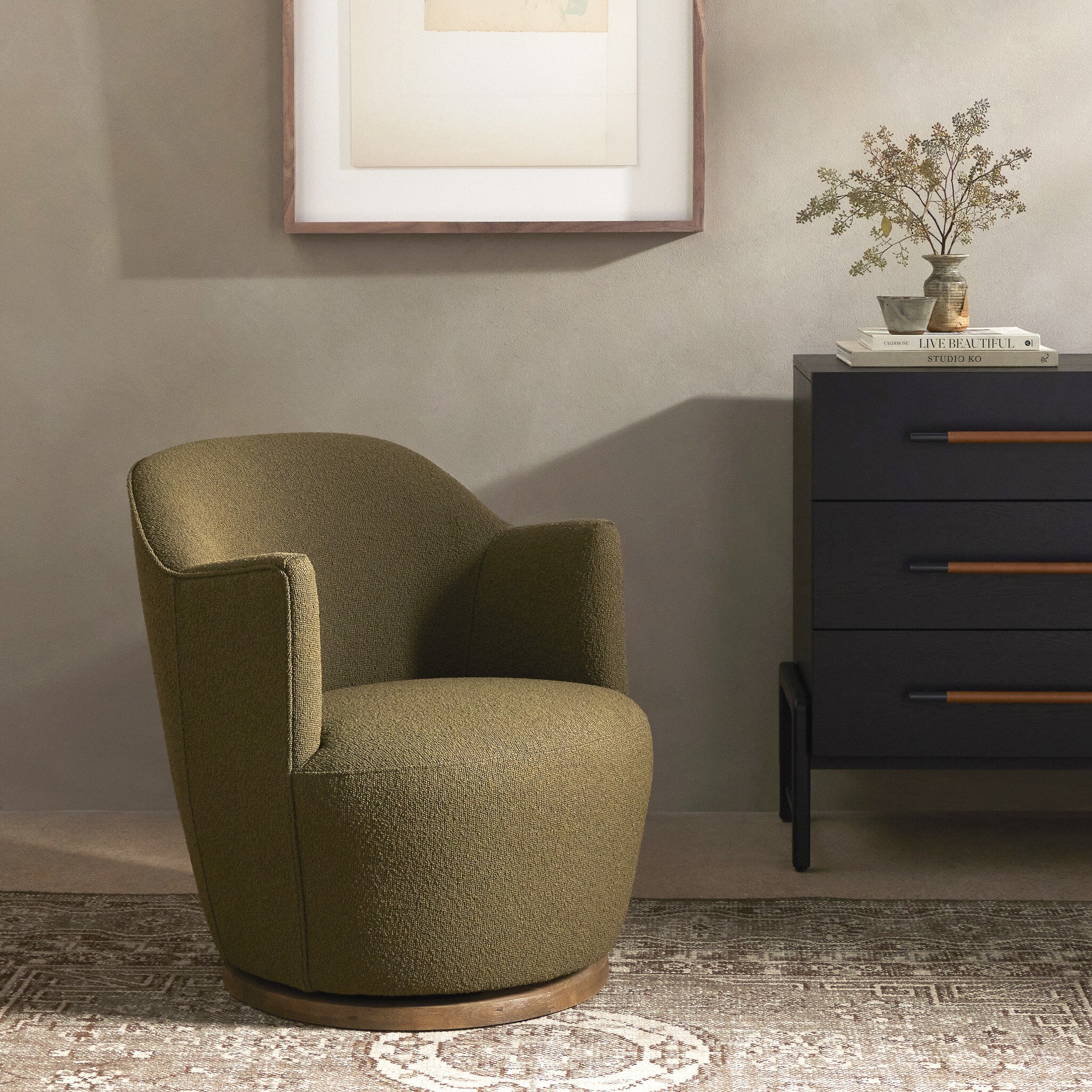 Four Hands Aurora Swivel Chair — FIQA Boucle Olive-Distressed Natural