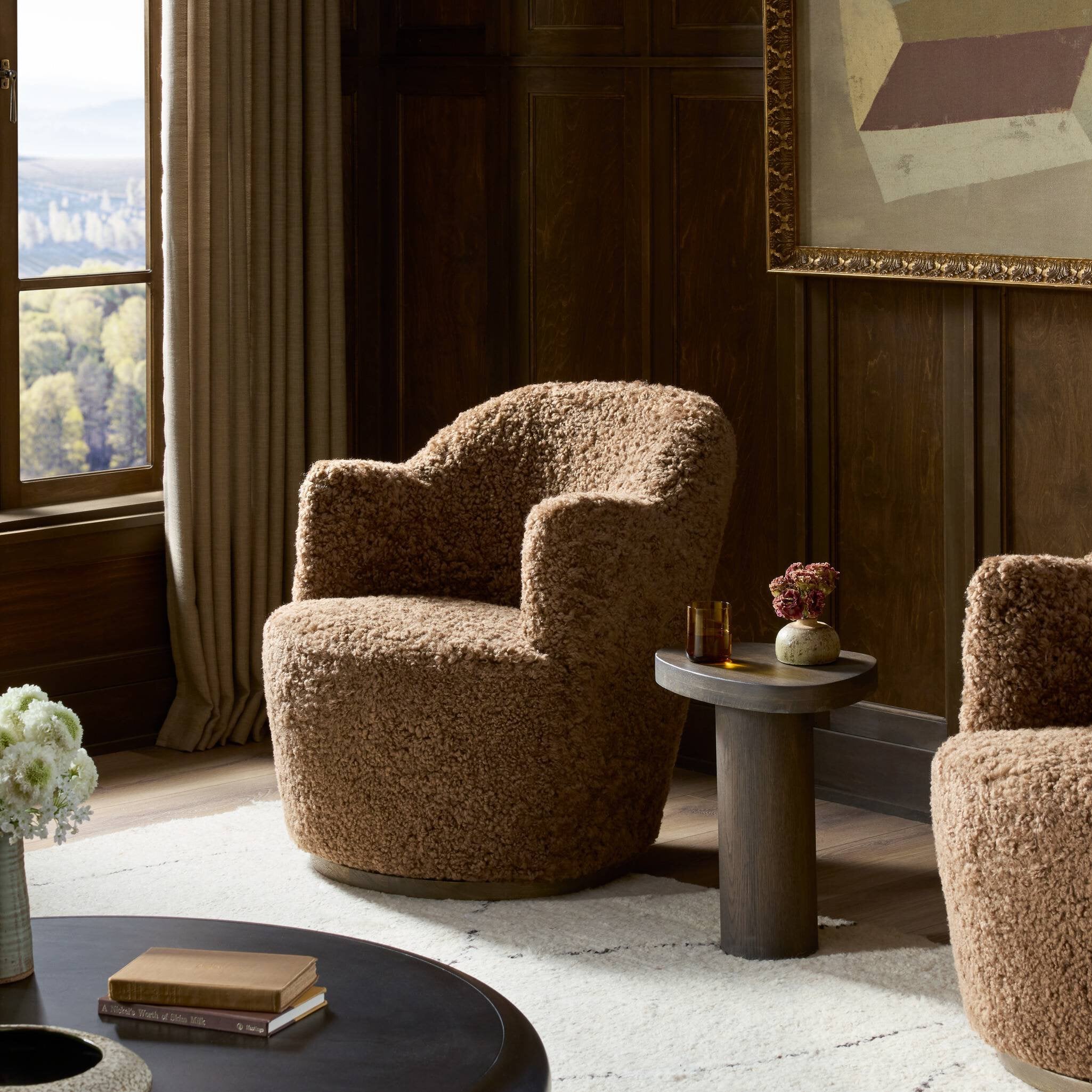 Four Hands Aurora Swivel Chair — Amber Shearling-Distressed Natural