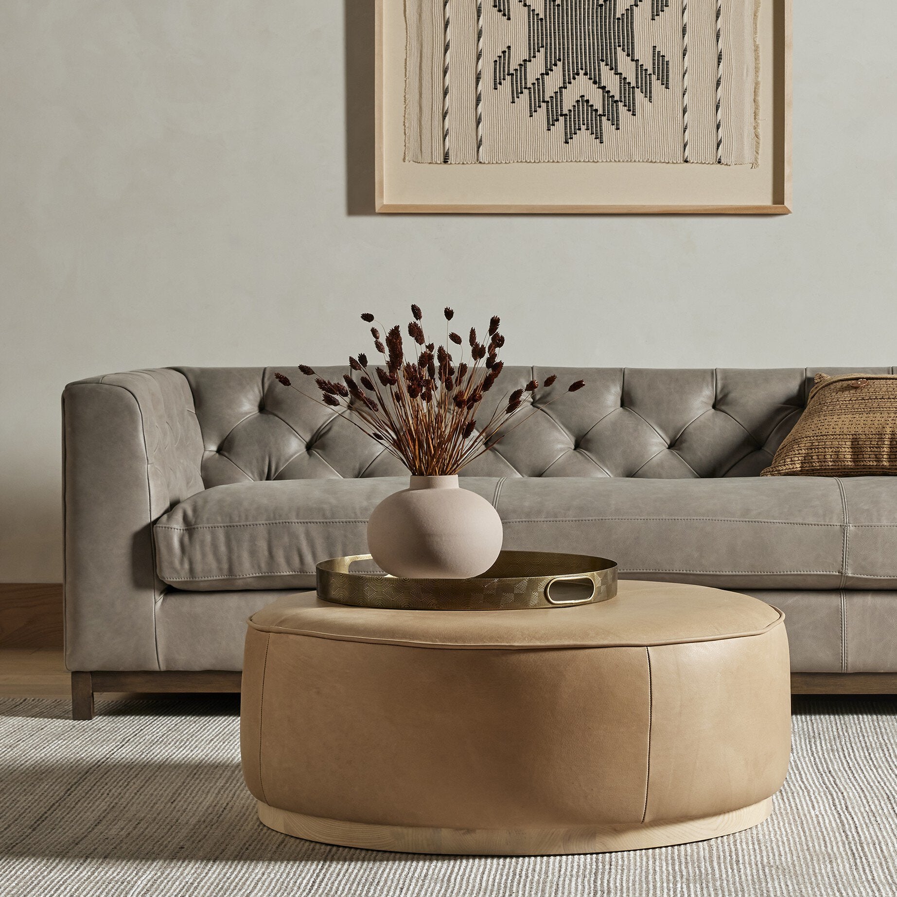 Four Hands Sinclair Large Round Ottoman — Harness Burlap-Natural Whitewash Ash