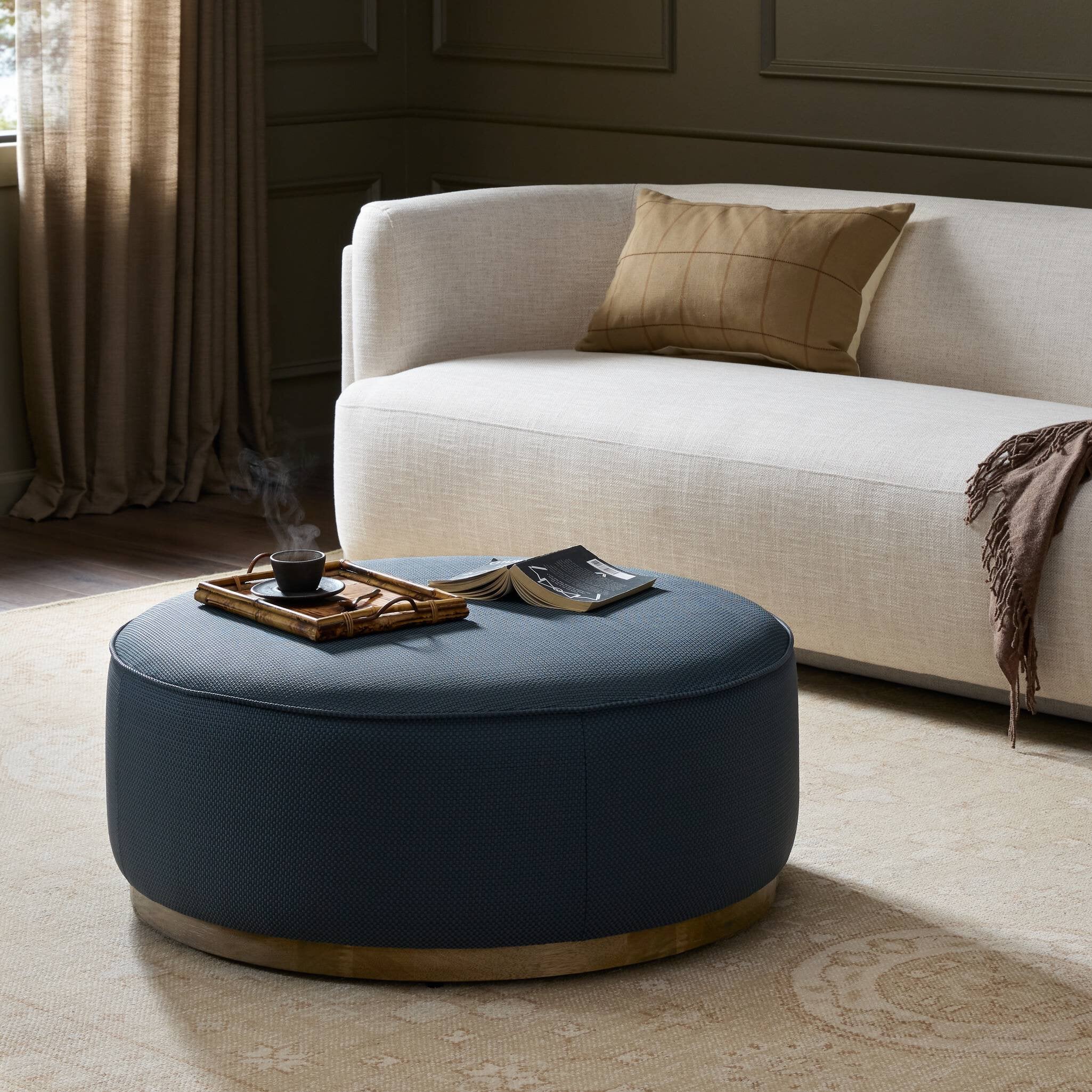Four Hands Sinclair Large Round Ottoman — Fresno Cobalt-Distressed Natural