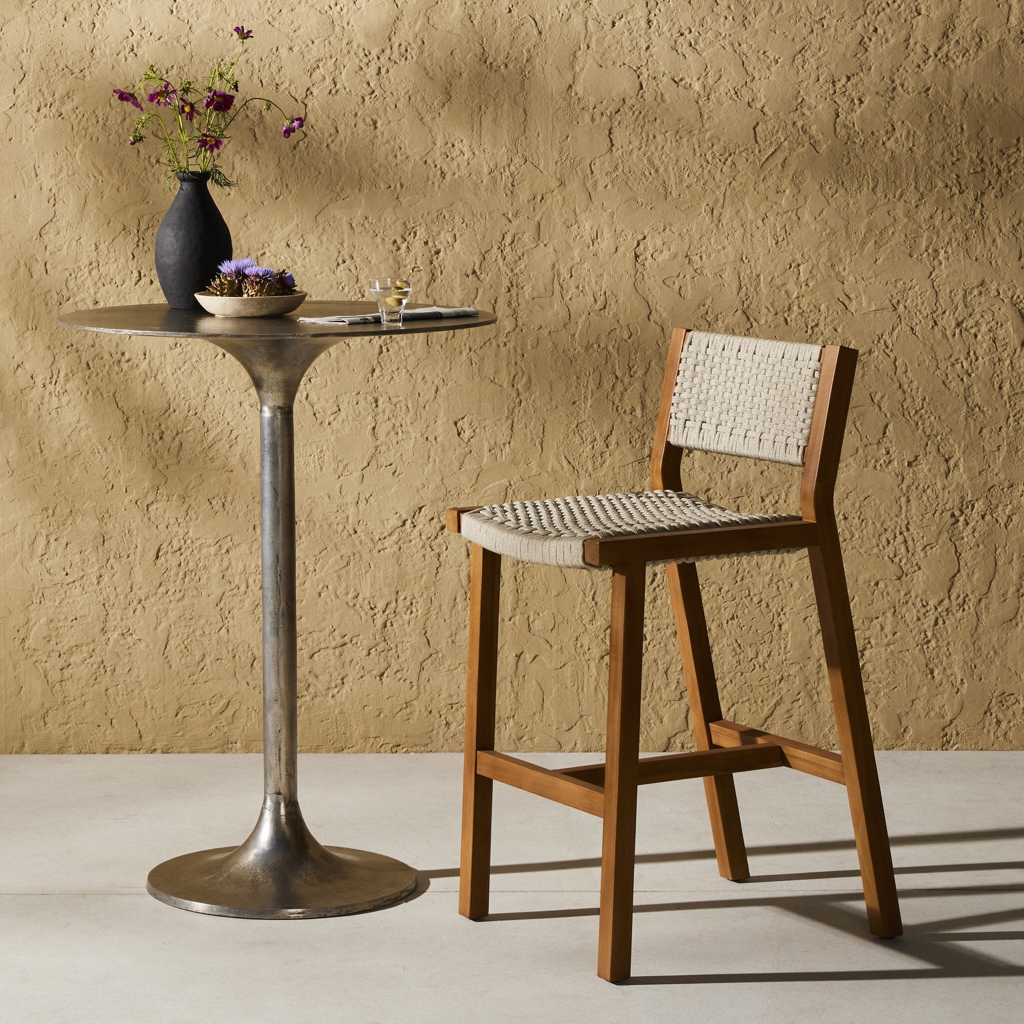 Four Hands Delano Outdoor Bar + Counter Stool — Natural Teak-FSC-Ivory Rope-Bar