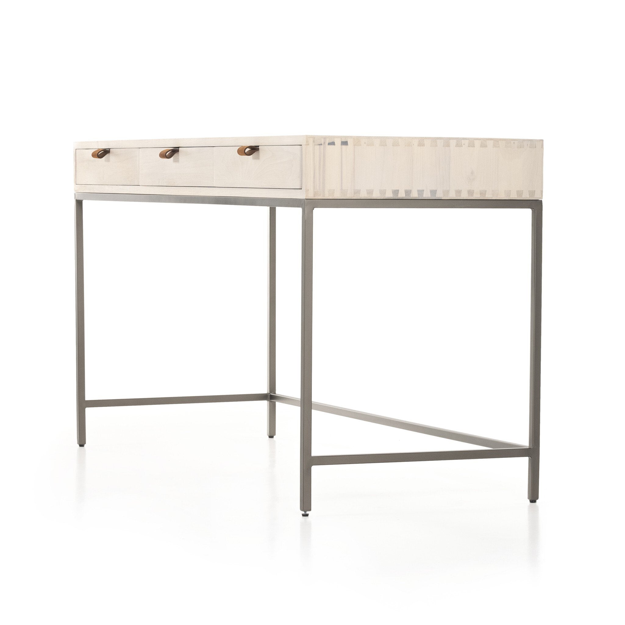 Four Hands Trey Modular Writing Desk — Dove Poplar-Natural Iron-Toffee Leather