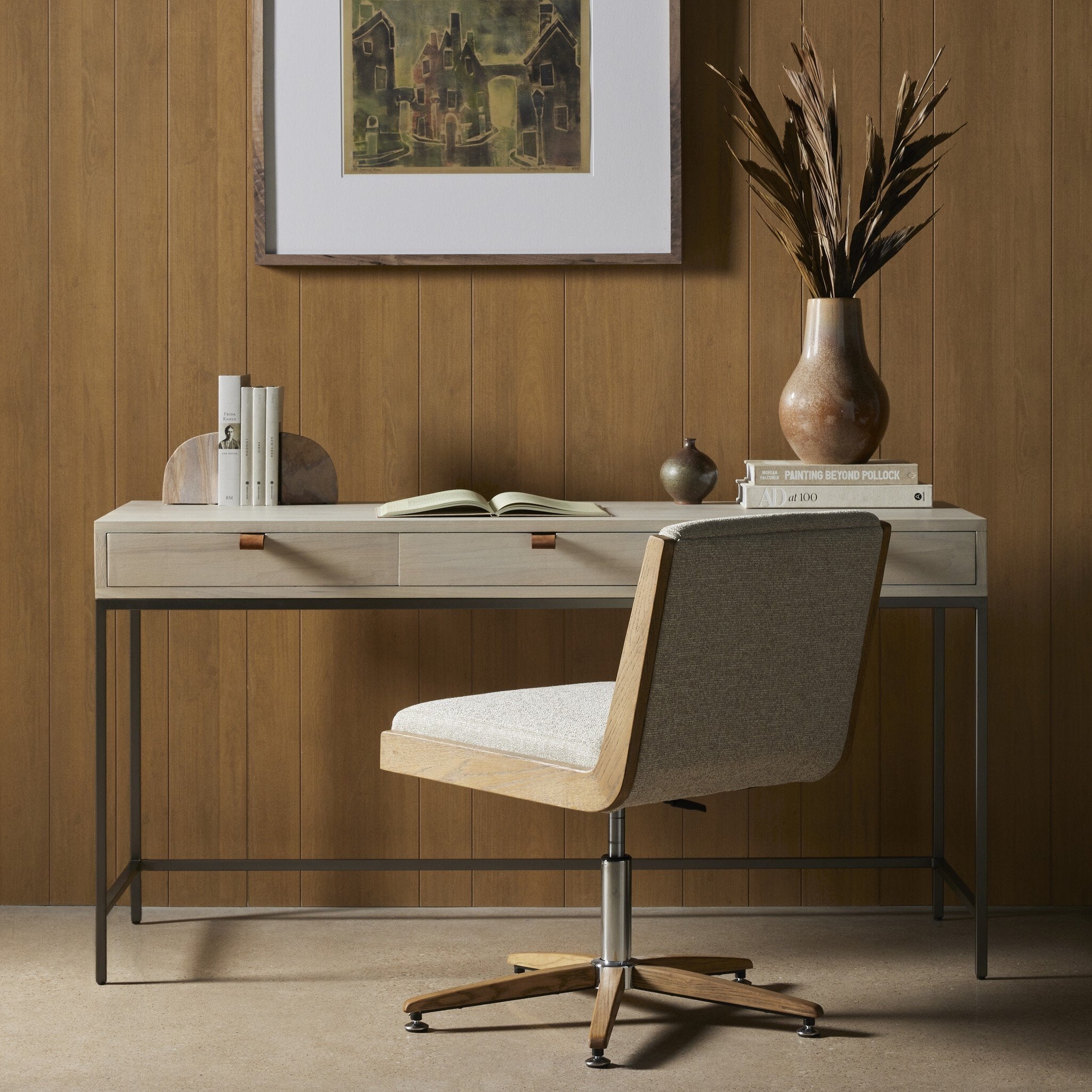 Four Hands Trey Modular Writing Desk — Dove Poplar-Natural Iron-Toffee Leather