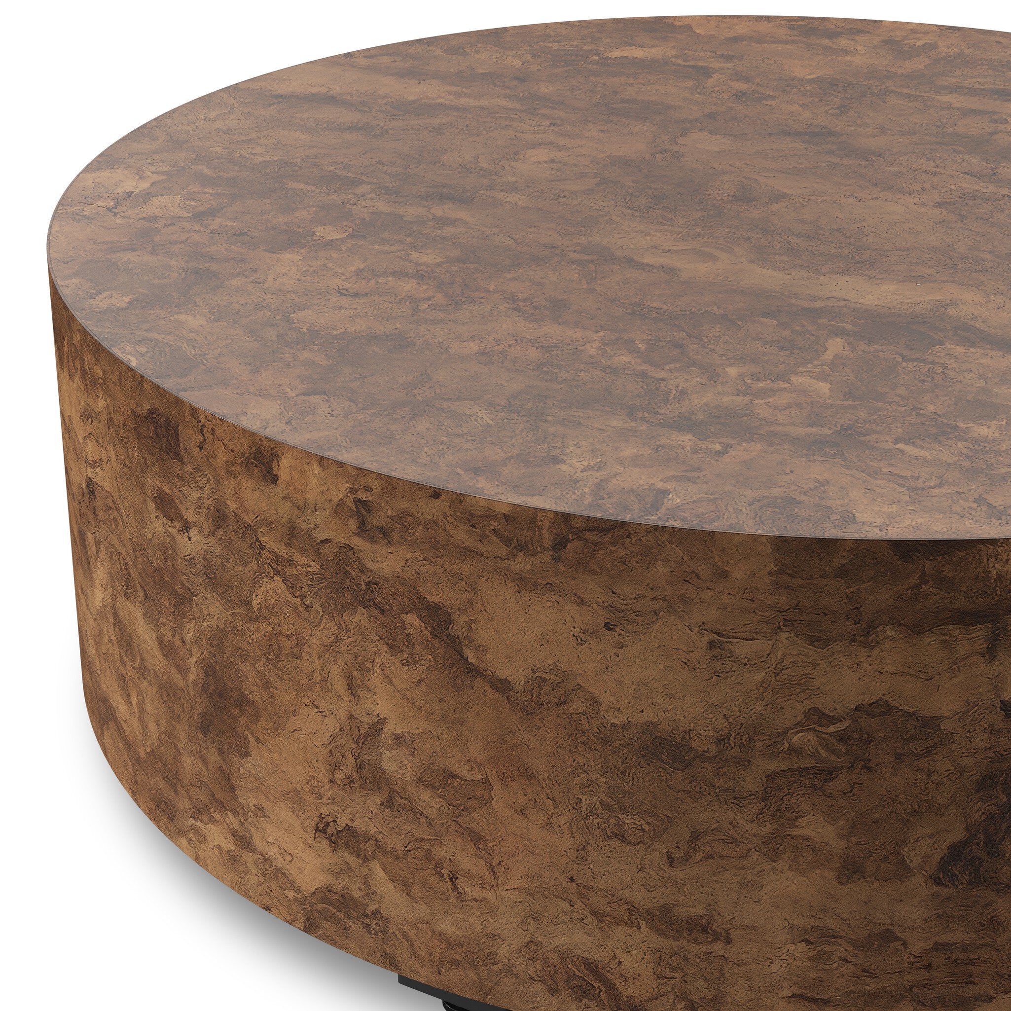 Four Hands Hudson Round Coffee Table — Dark Bark Paper-Black Pine-Smoked Oak Veneer