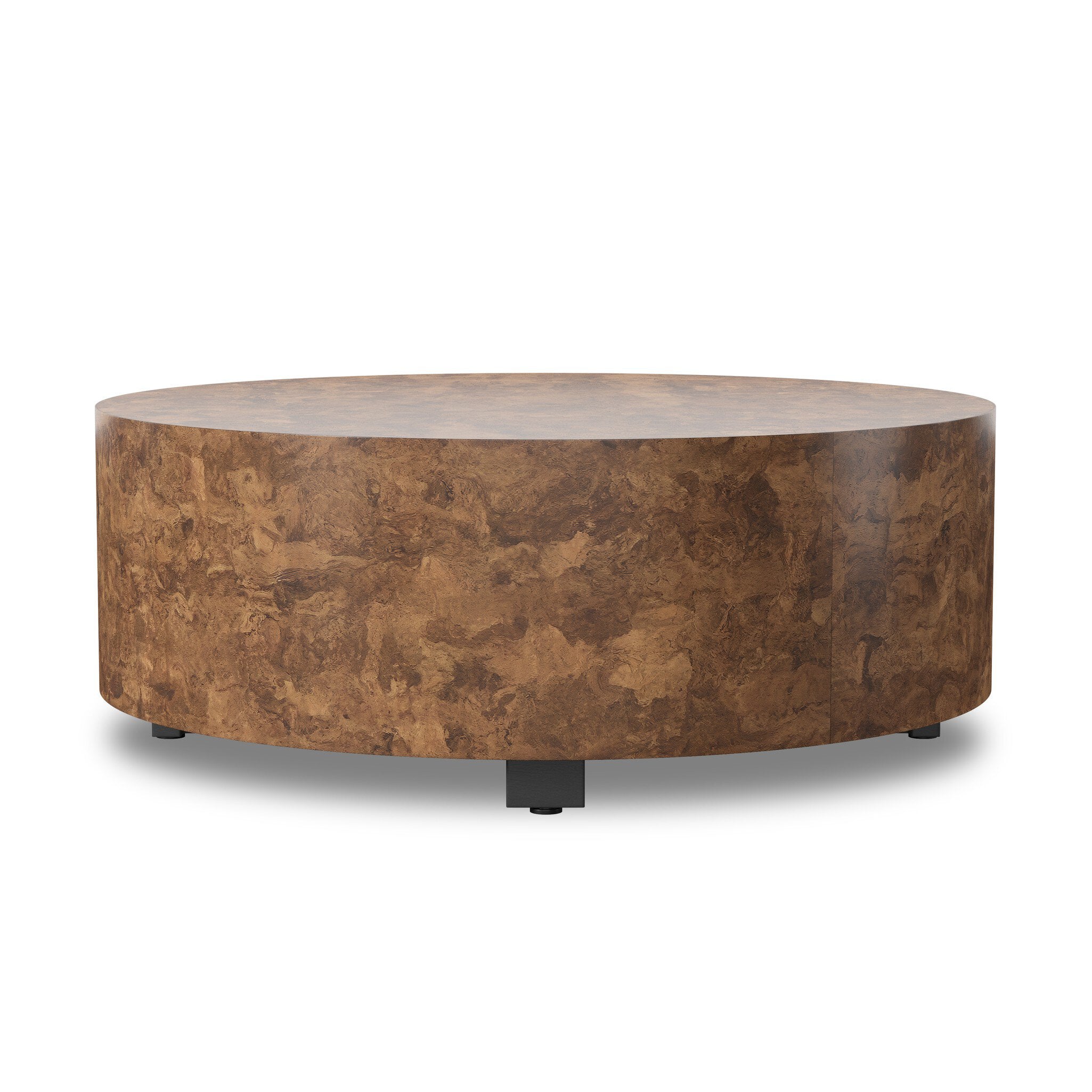 Four Hands Hudson Round Coffee Table — Dark Bark Paper-Black Pine-Smoked Oak Veneer