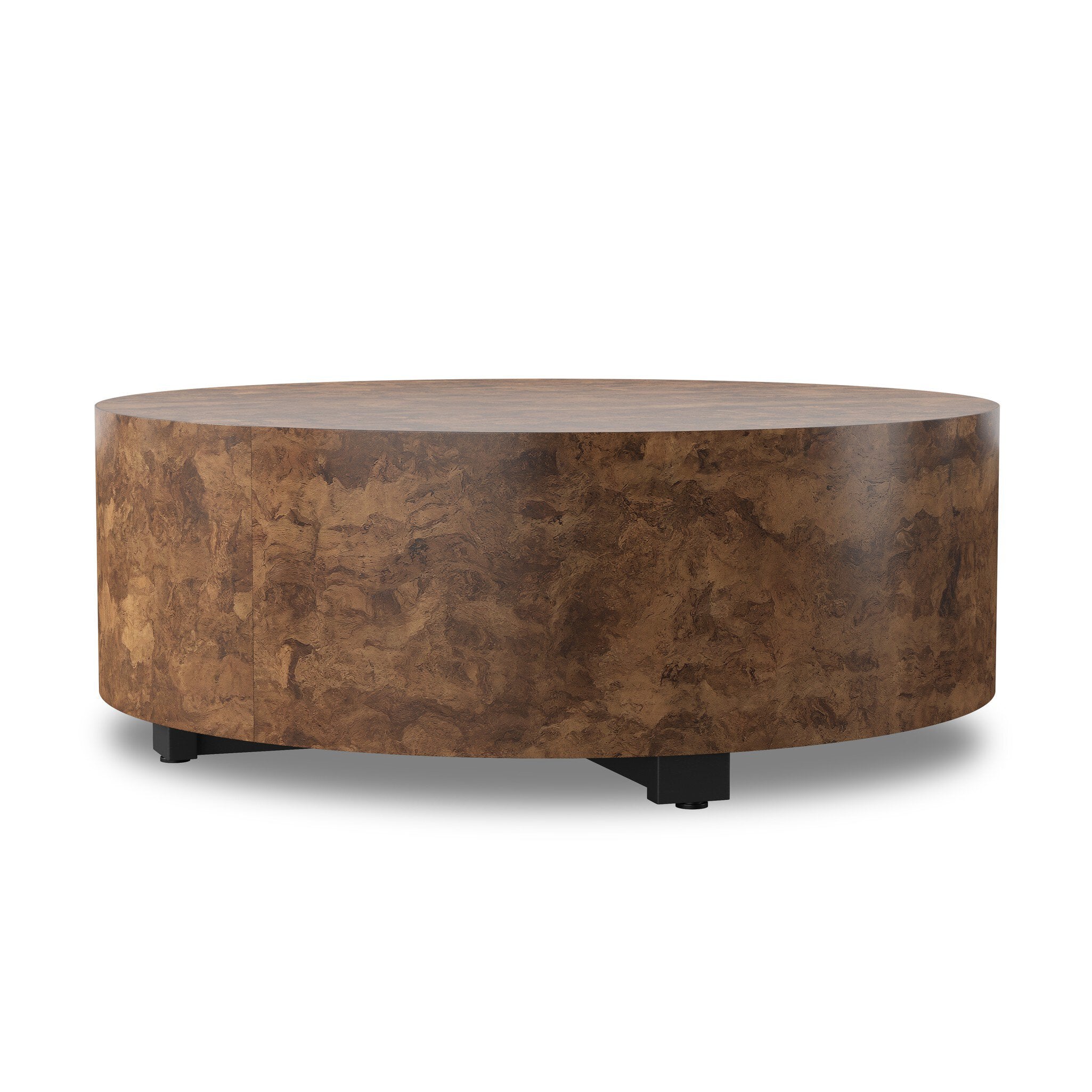 Four Hands Hudson Round Coffee Table — Dark Bark Paper-Black Pine-Smoked Oak Veneer