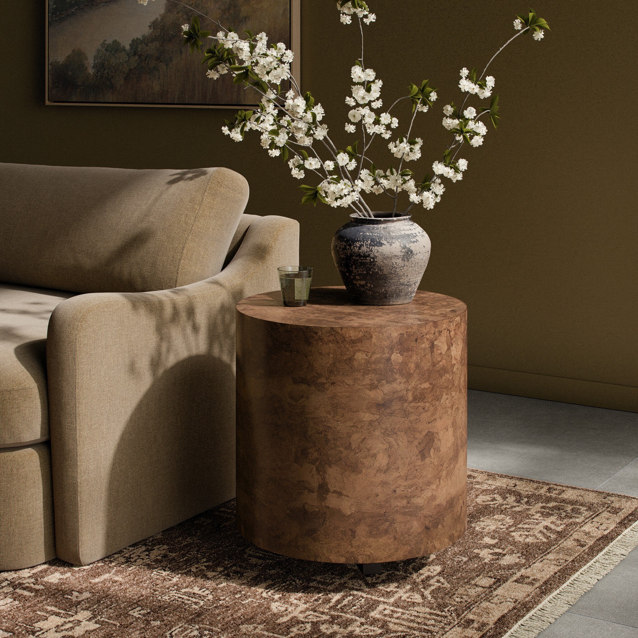 Four Hands Hudson Round End Table — Dark Bark Paper-Black Pine-Smoked Oak Veneer