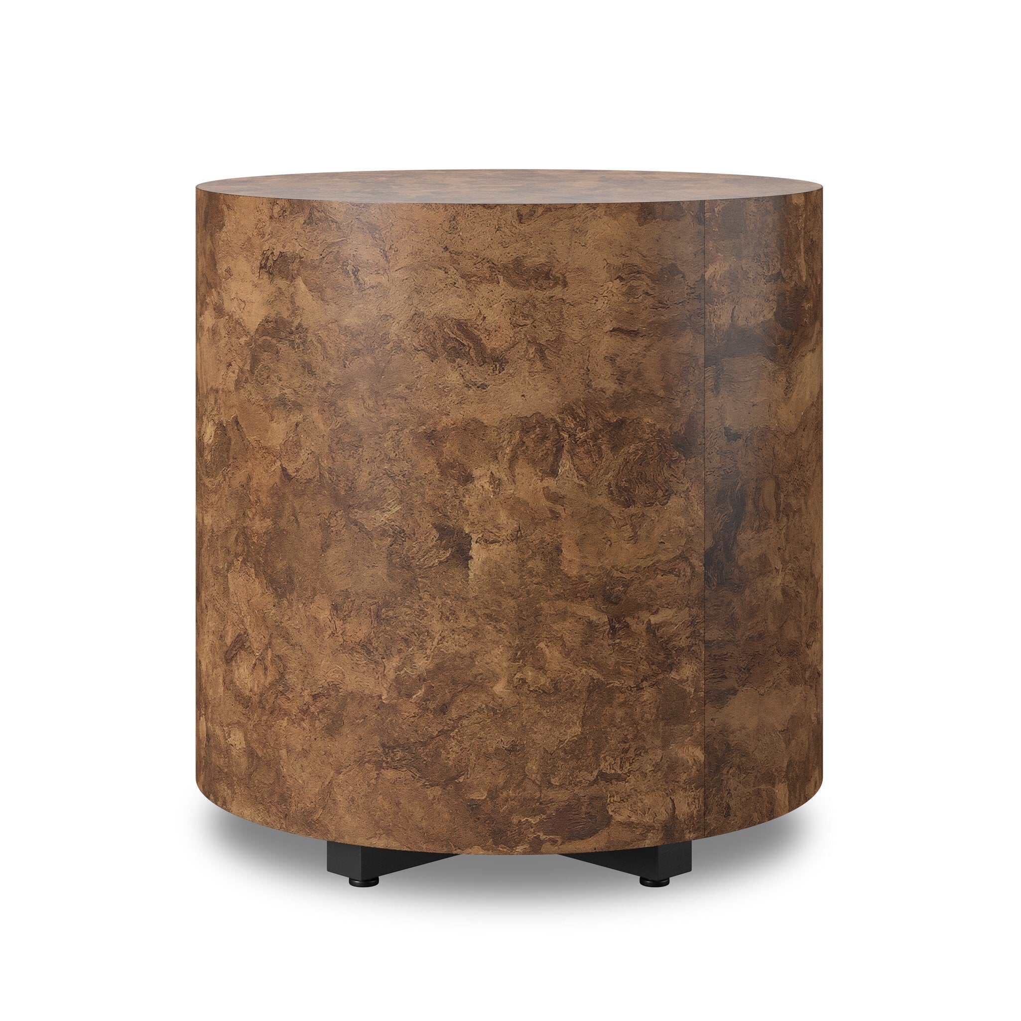 Four Hands Hudson Round End Table — Dark Bark Paper-Black Pine-Smoked Oak Veneer