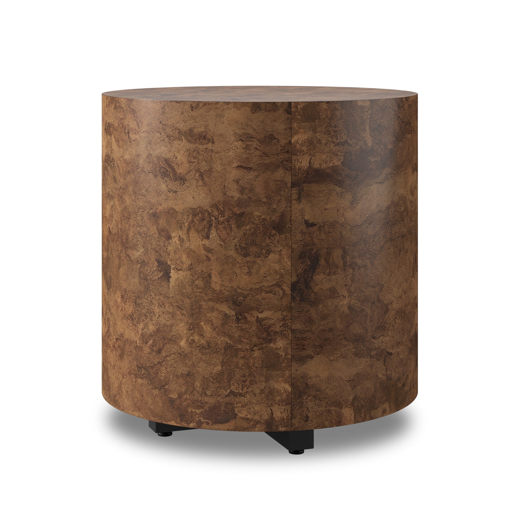 Four Hands Hudson Round End Table — Dark Bark Paper-Black Pine-Smoked Oak Veneer