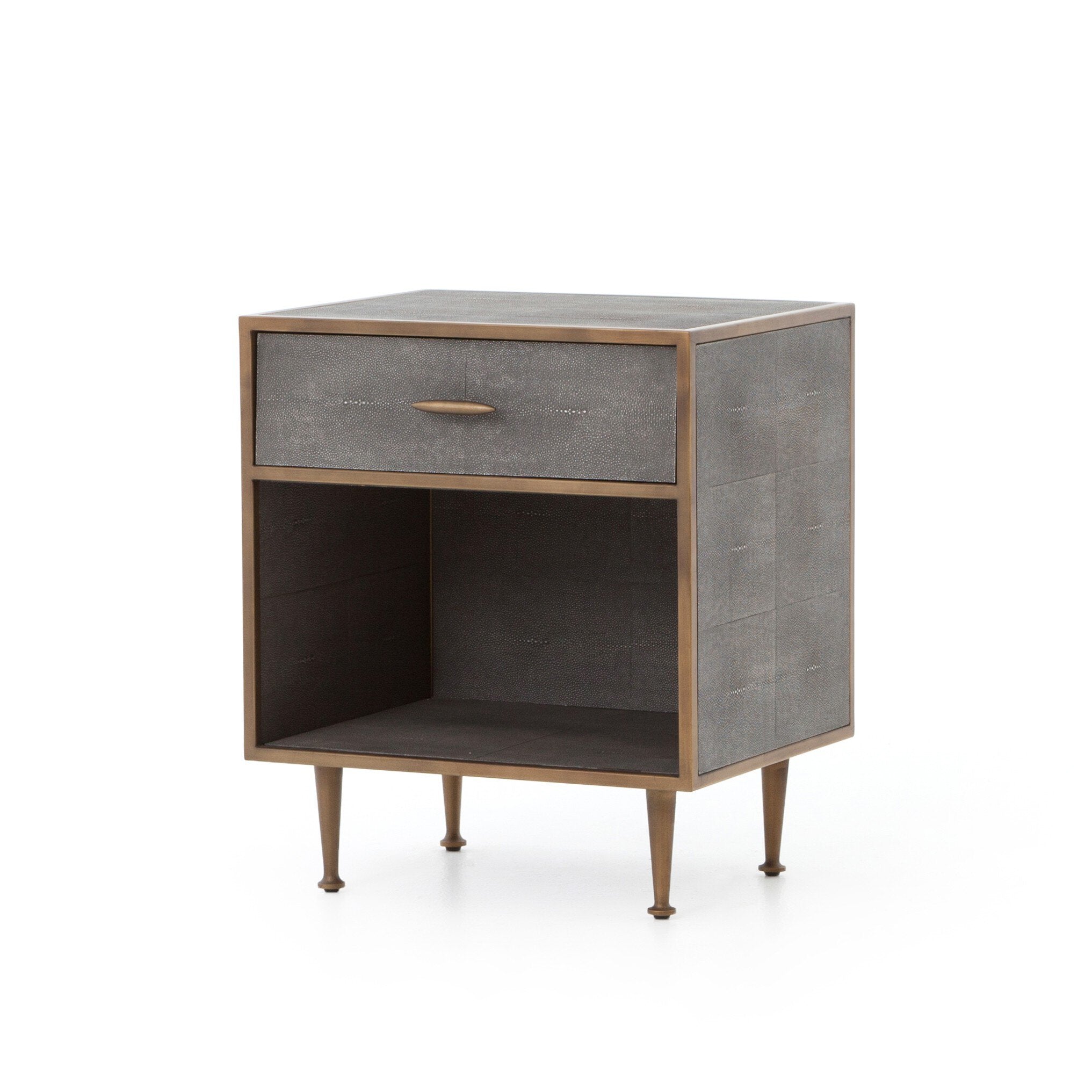 Four Hands Shagreen Bedside Table — Grey Shagreen-Antique Brass