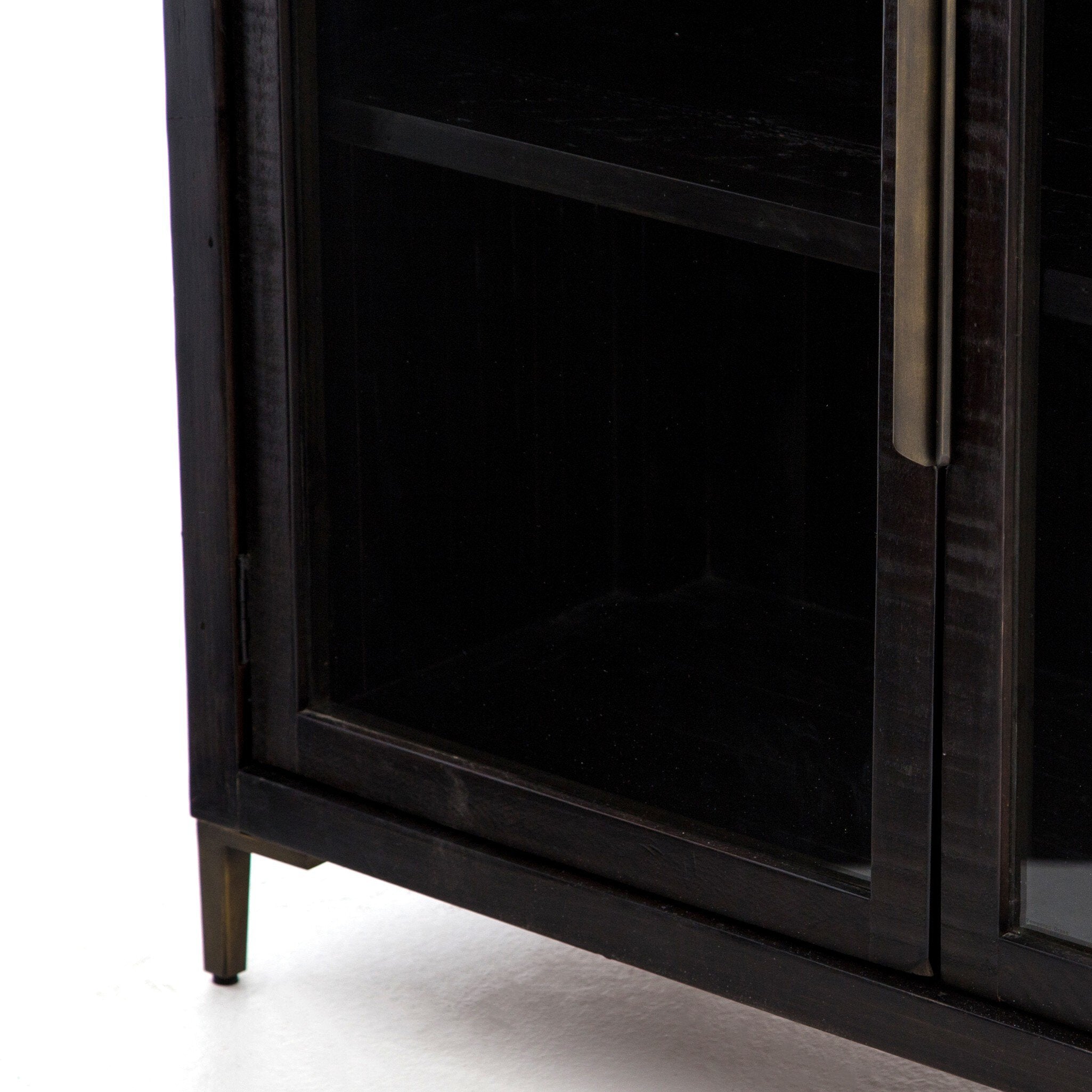 Four Hands Wyeth Cabinet — Dark Carbon-Antique Brass-Tempered Glass