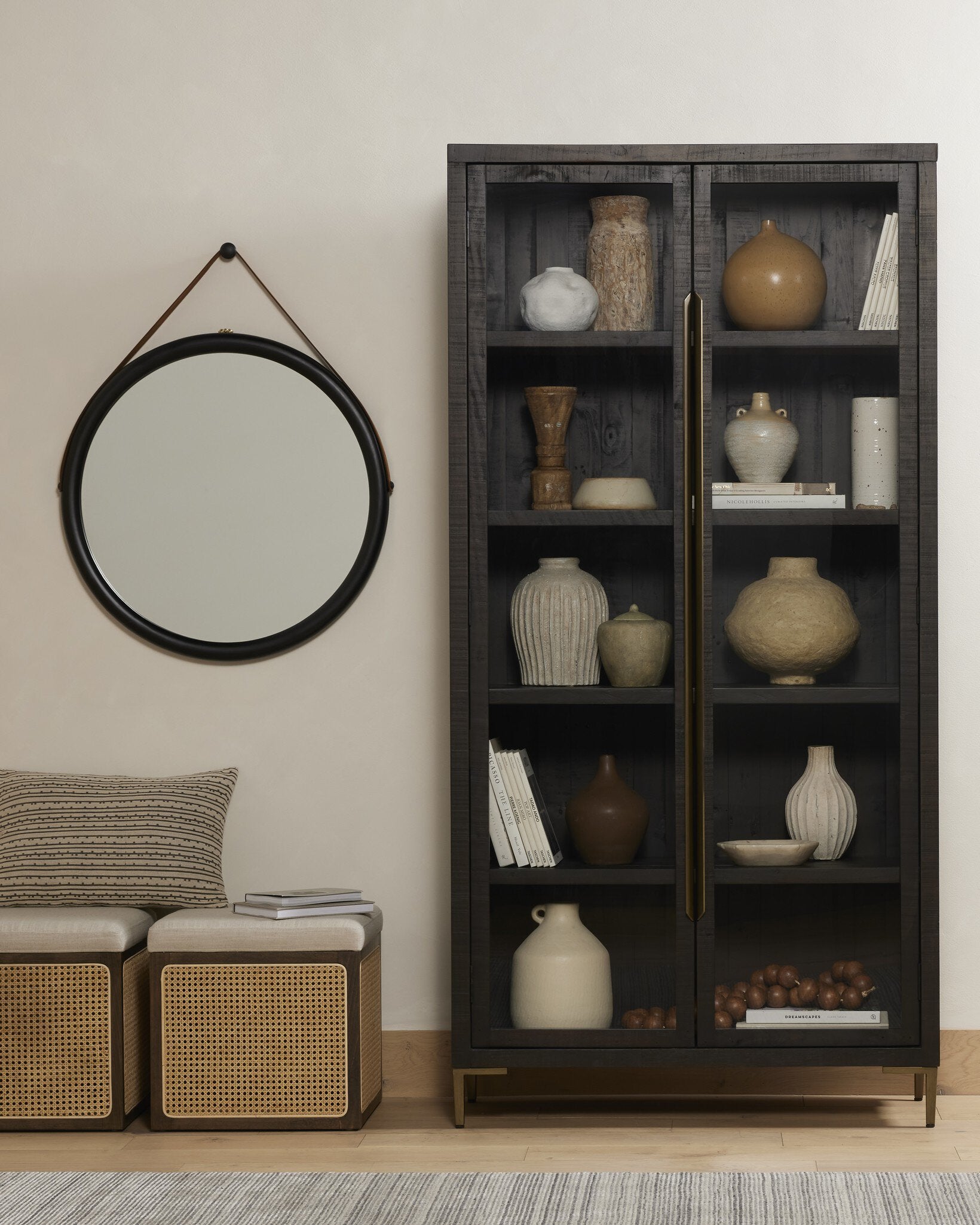 Four Hands Wyeth Cabinet — Dark Carbon-Antique Brass-Tempered Glass