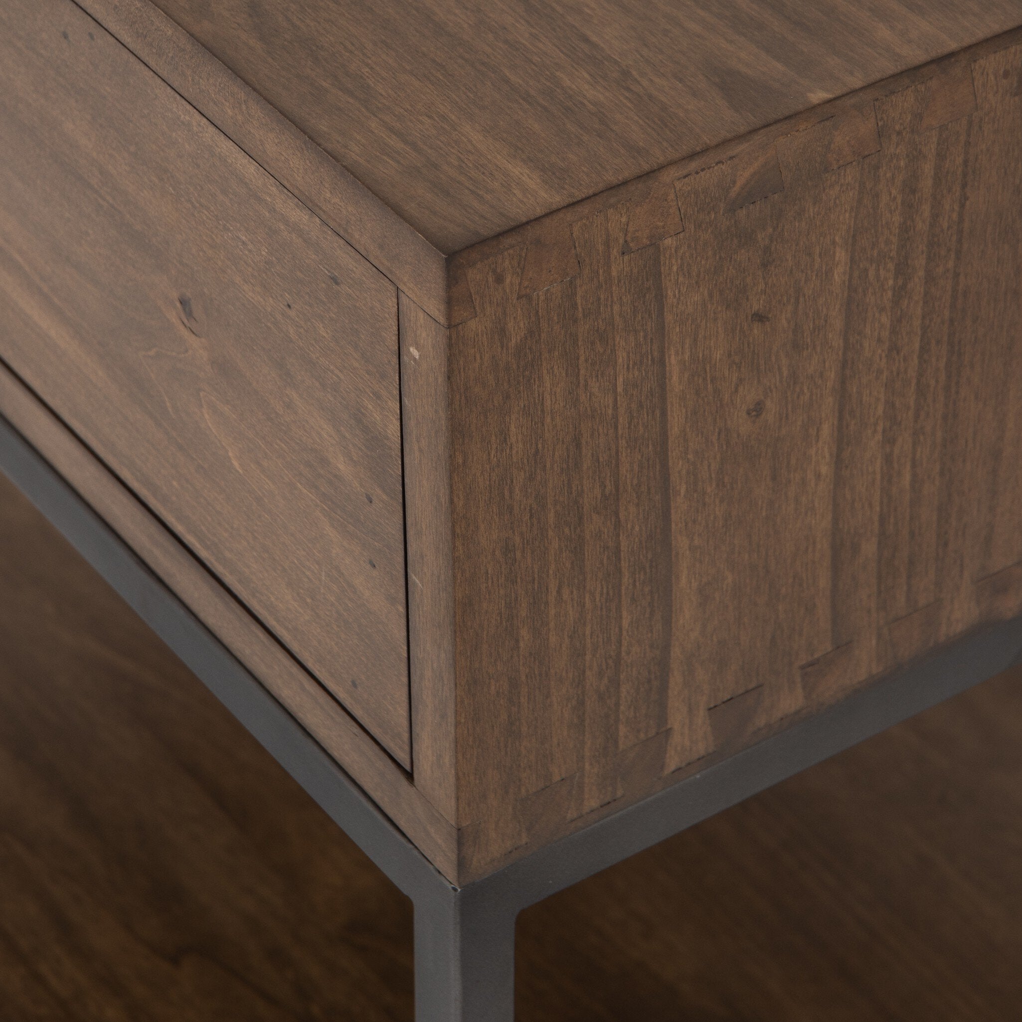 Four Hands Trey Nightstand — Auburn Poplar-Natural Iron-Black Leather