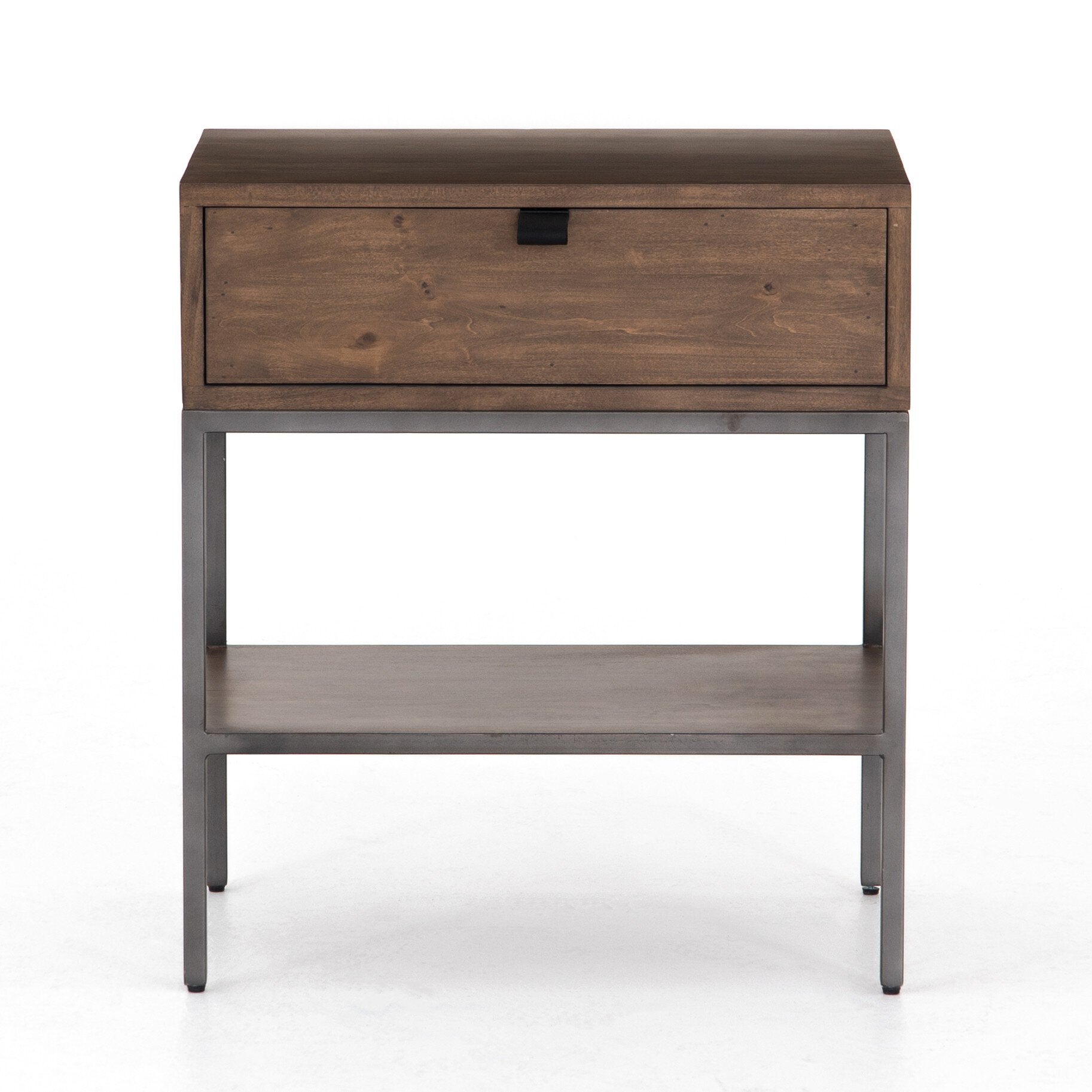 Four Hands Trey Nightstand — Auburn Poplar-Natural Iron-Black Leather
