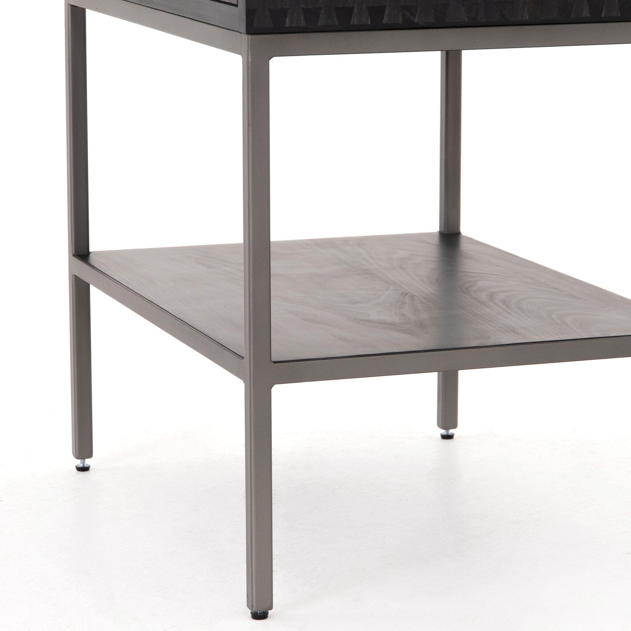 Four Hands Trey Nightstand — Black Wash Poplar-Natural Iron-Toffee Leather