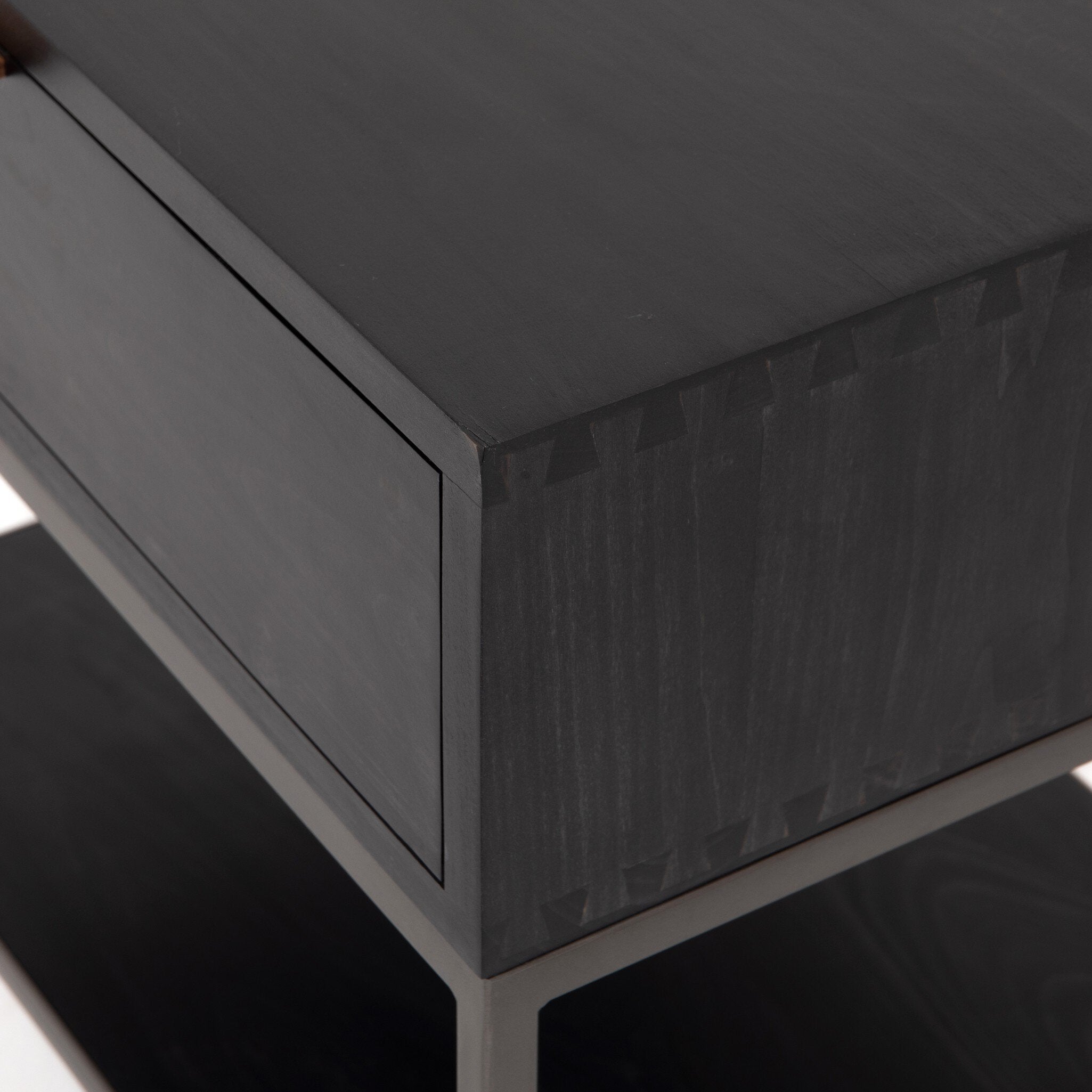 Four Hands Trey Nightstand — Black Wash Poplar-Natural Iron-Toffee Leather