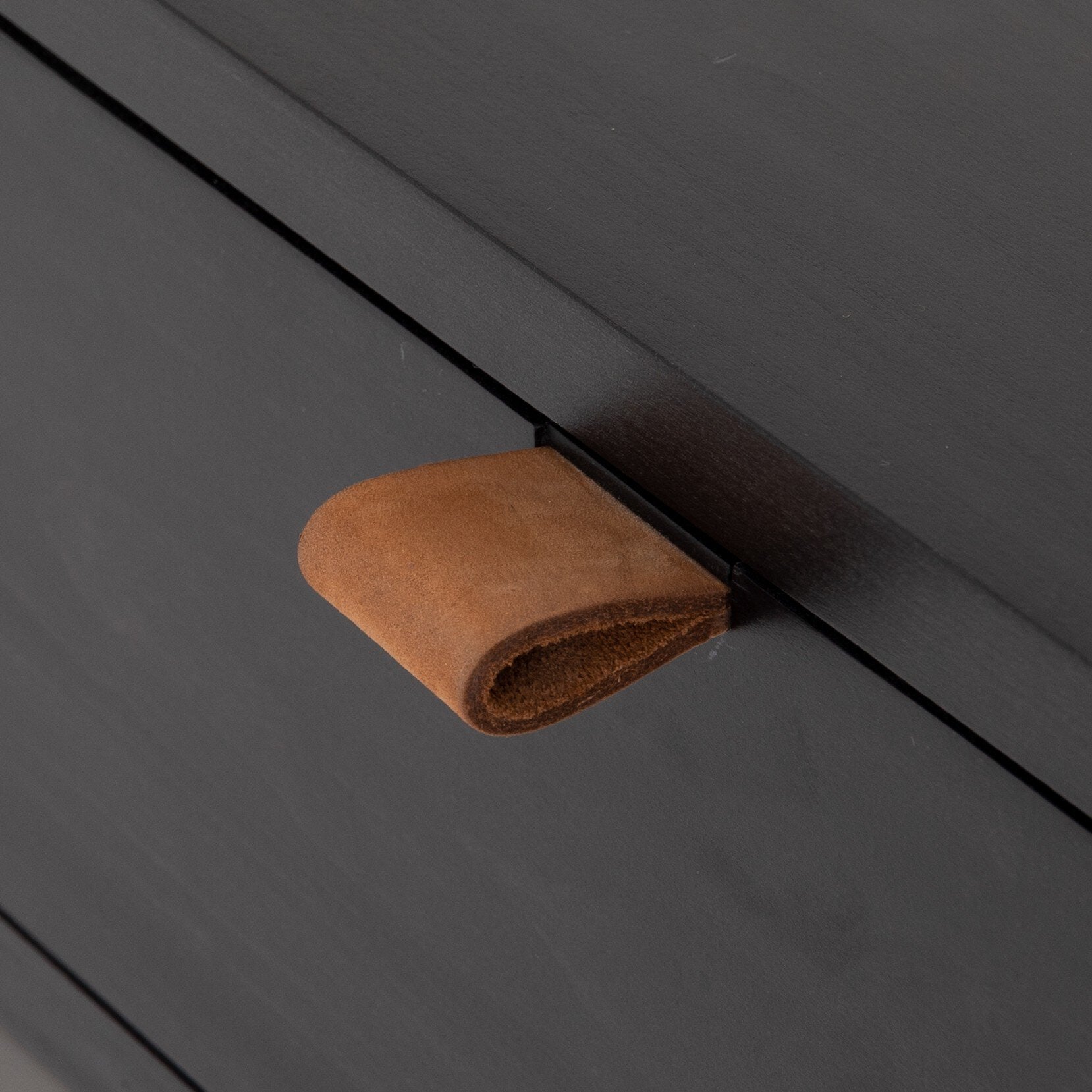 Four Hands Trey Nightstand — Black Wash Poplar-Natural Iron-Toffee Leather