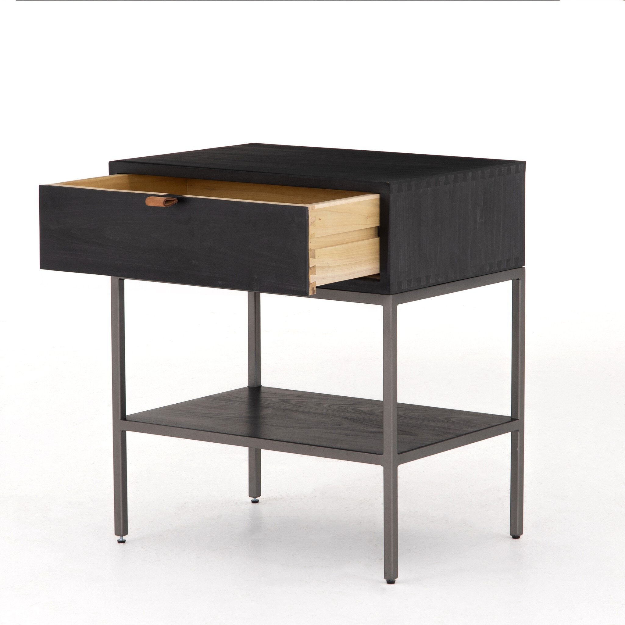 Four Hands Trey Nightstand — Black Wash Poplar-Natural Iron-Toffee Leather