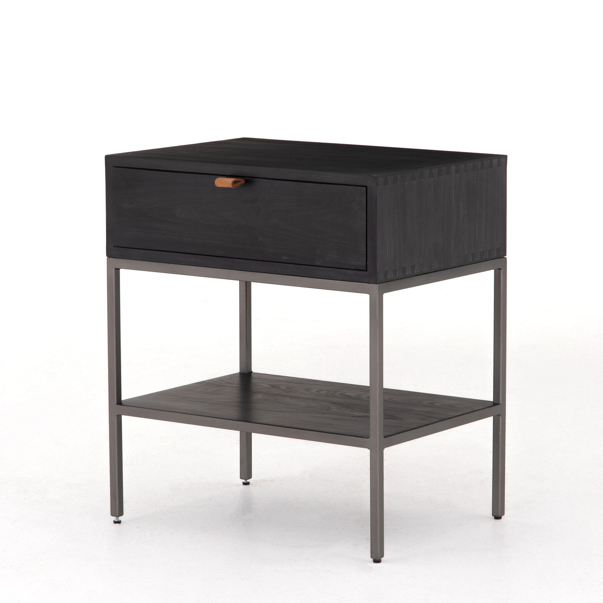 Four Hands Trey Nightstand — Black Wash Poplar-Natural Iron-Toffee Leather