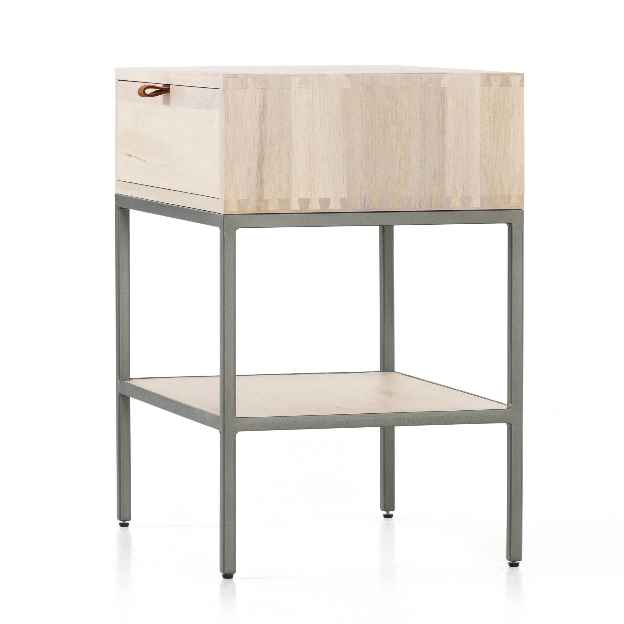 Four Hands Trey Nightstand — Dove Poplar-Natural Iron-Toffee Leather