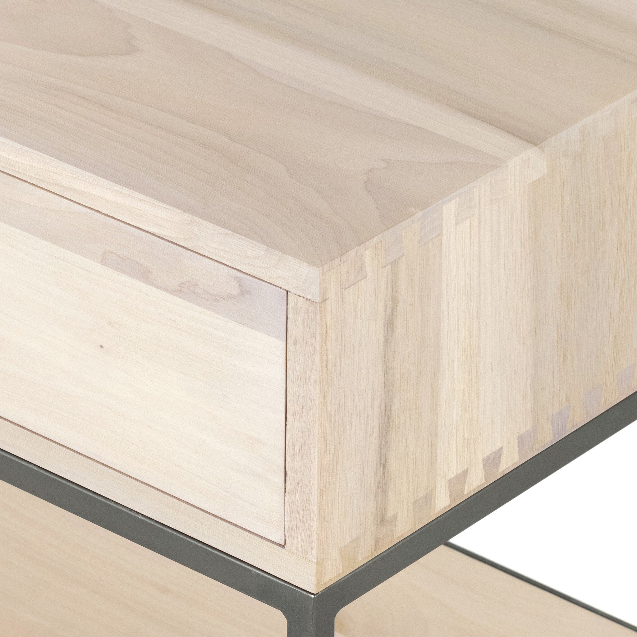 Four Hands Trey Nightstand — Dove Poplar-Natural Iron-Toffee Leather