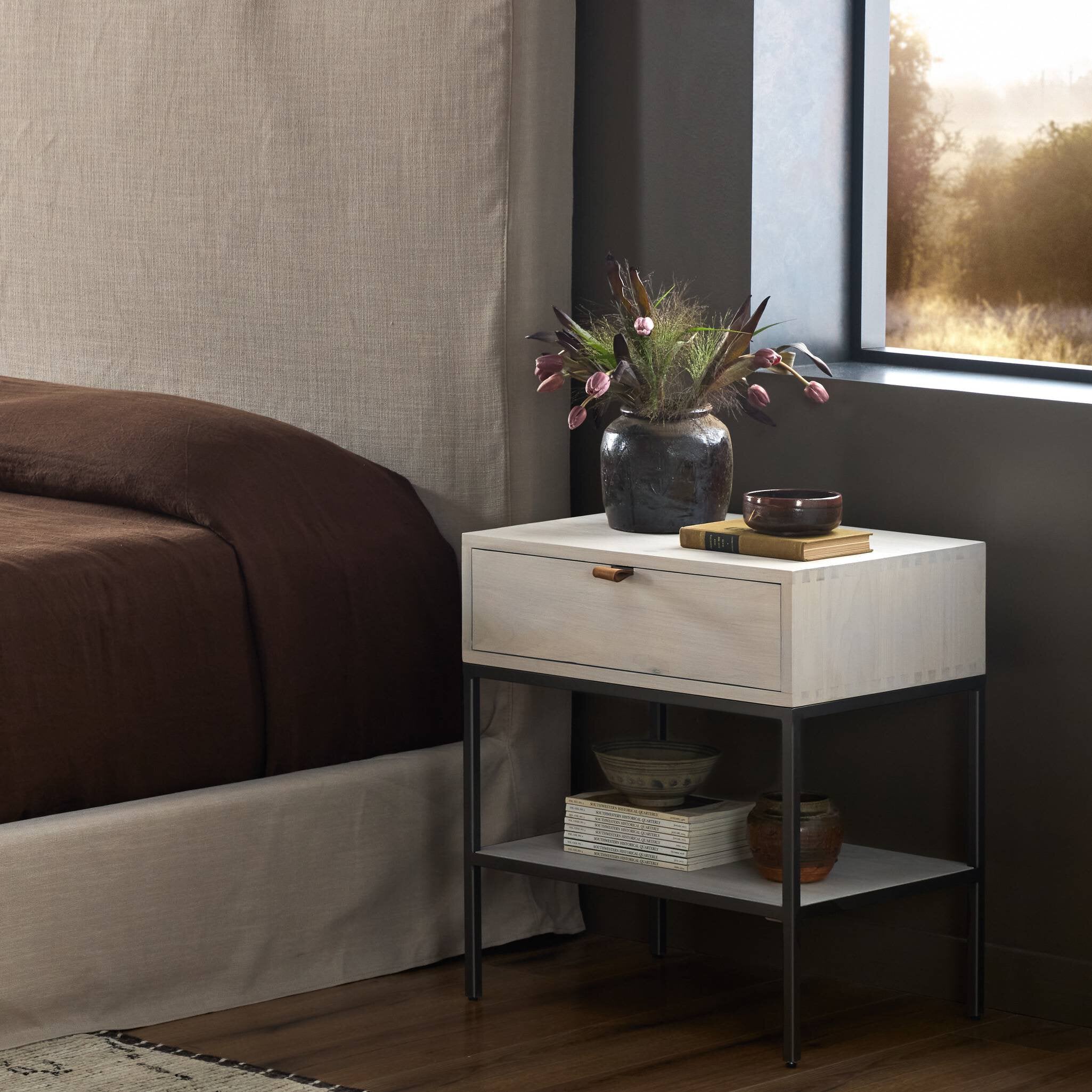 Four Hands Trey Nightstand — Dove Poplar-Natural Iron-Toffee Leather