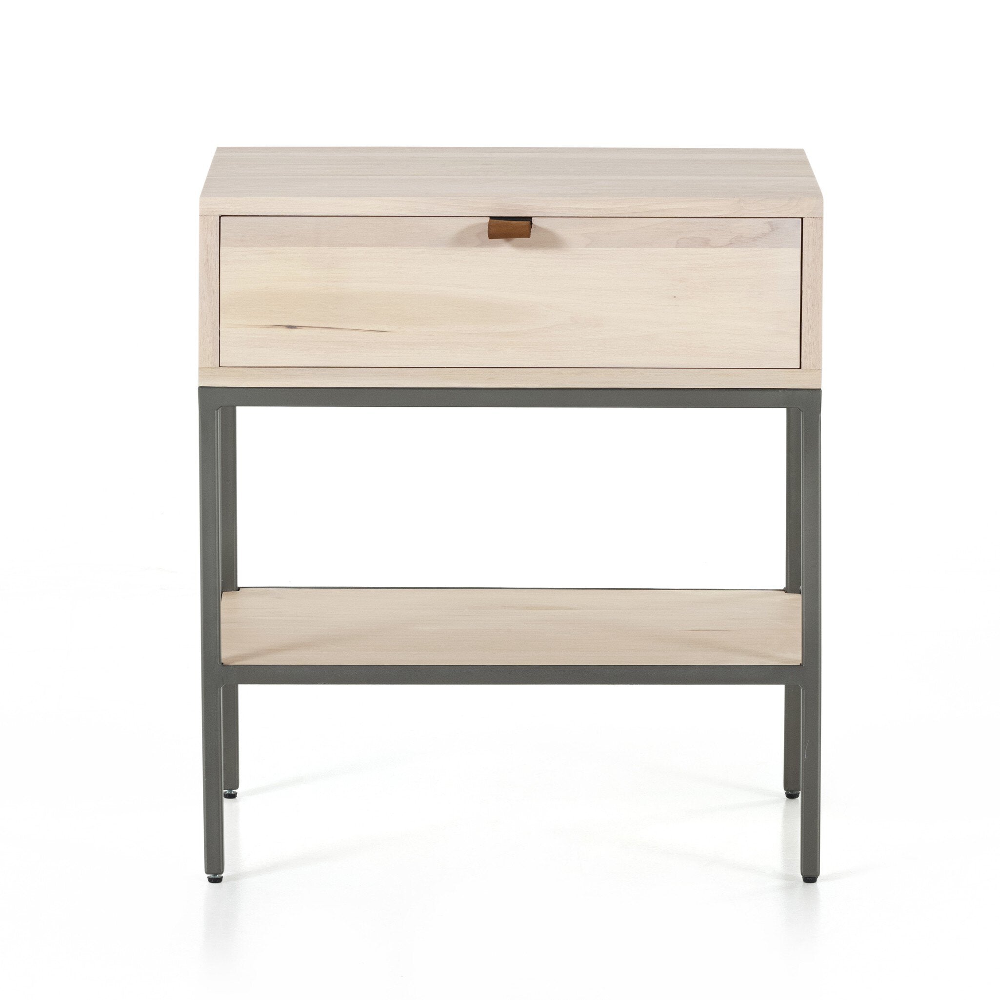 Four Hands Trey Nightstand — Dove Poplar-Natural Iron-Toffee Leather