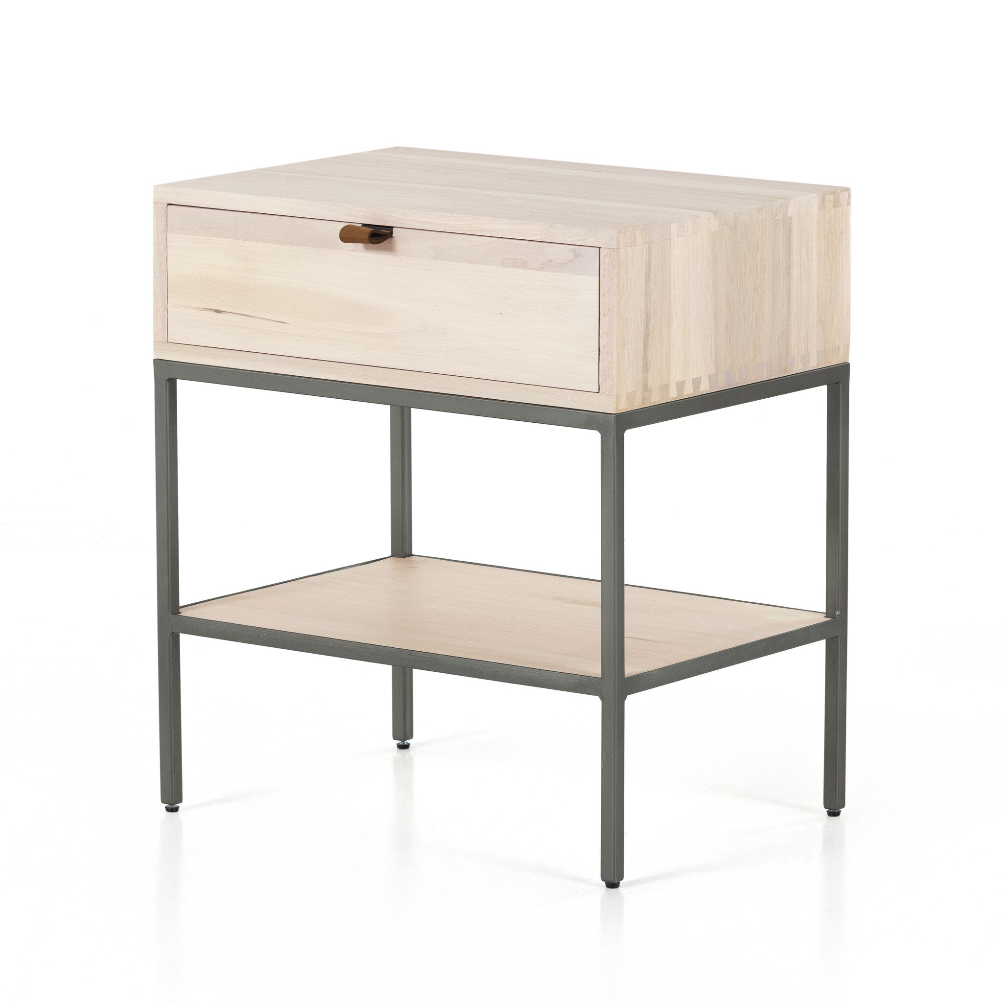Four Hands Trey Nightstand — Dove Poplar-Natural Iron-Toffee Leather