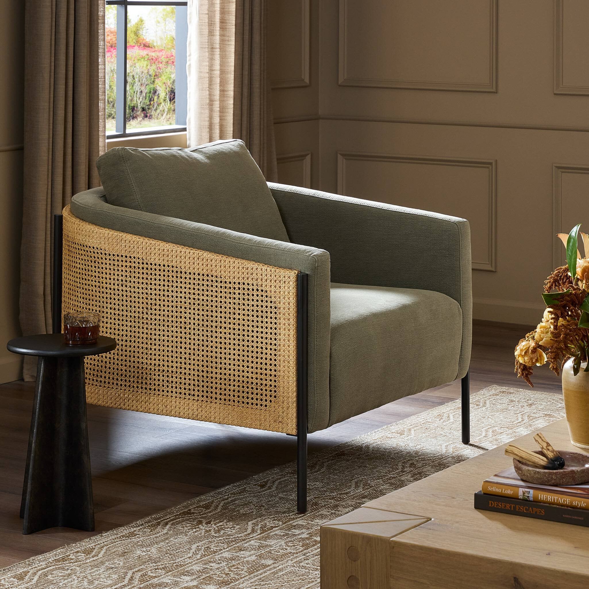 Four Hands Jayda Chair — Broadway Olive-Natural Cane-Gunmetal
