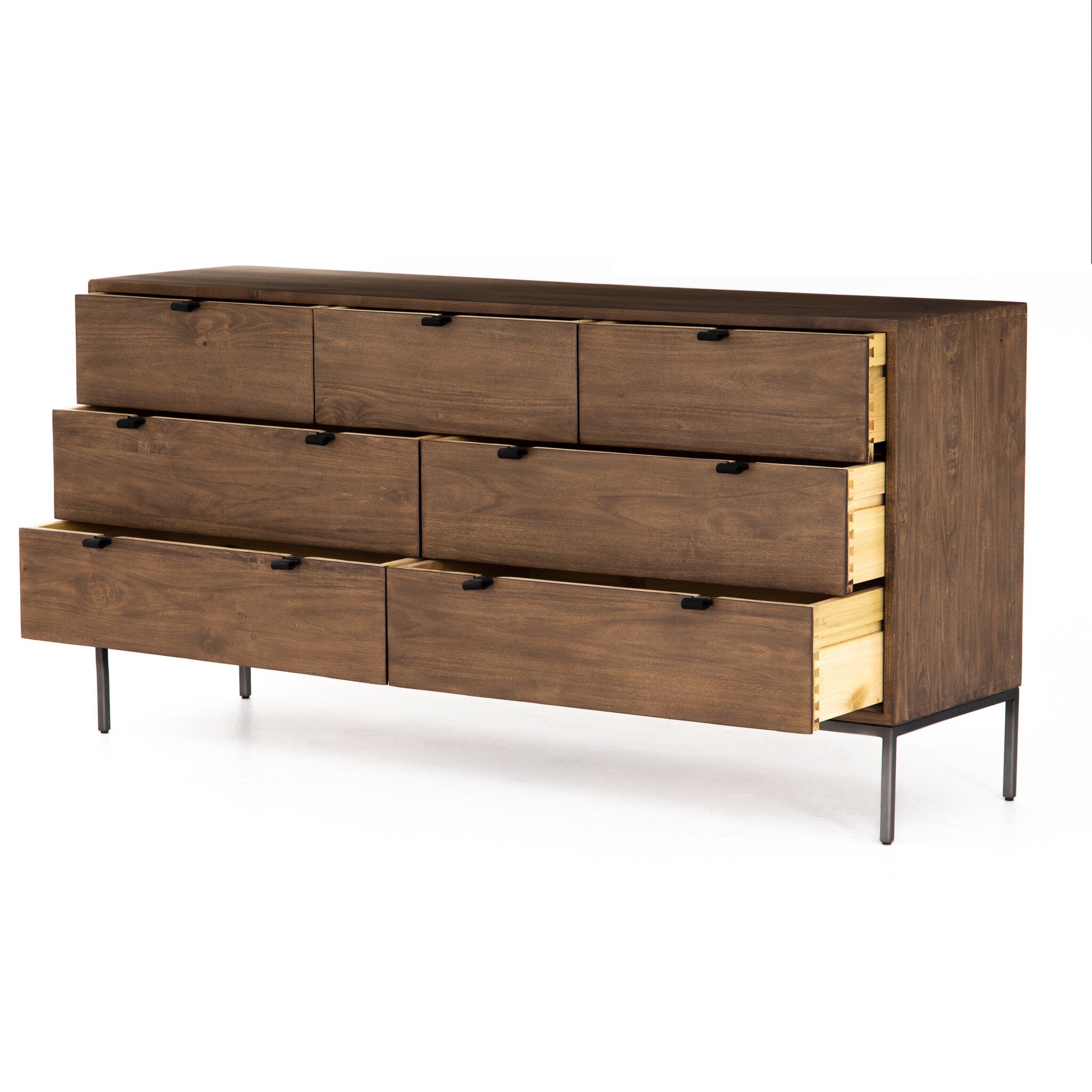 Four Hands Trey 7 Drawer Dresser — Auburn Poplar-Natural Iron-Black Leather