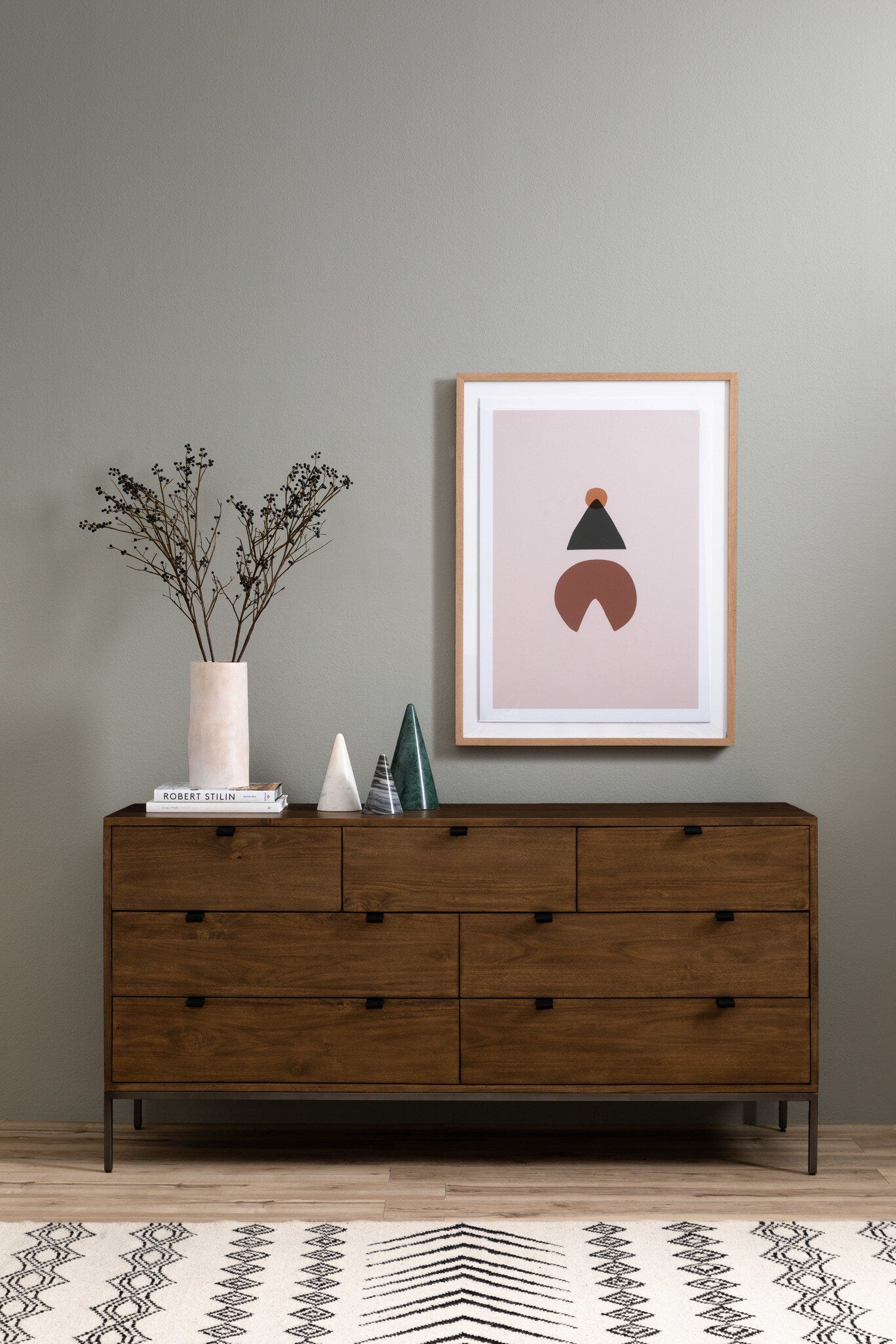 Four Hands Trey 7 Drawer Dresser — Auburn Poplar-Natural Iron-Black Leather