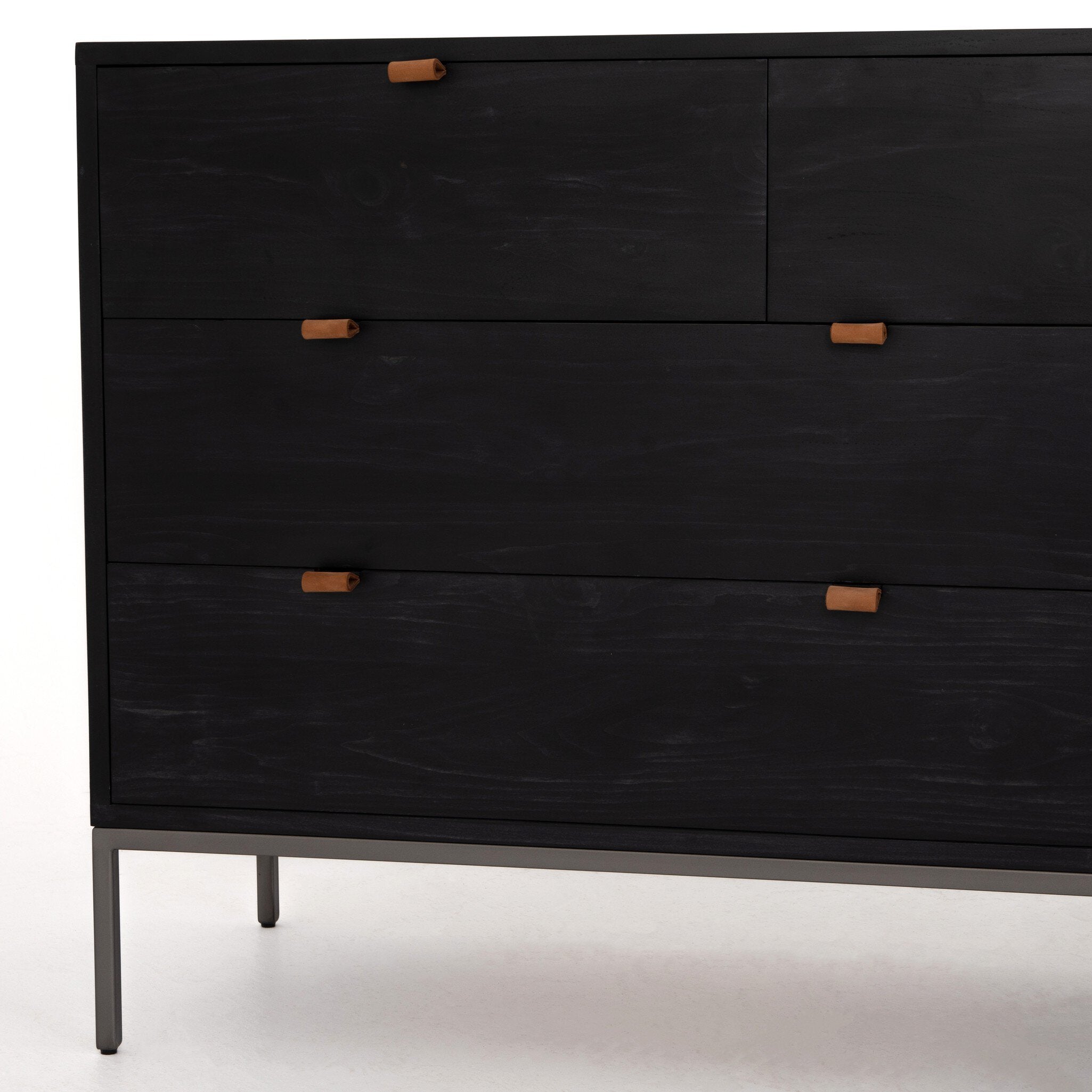Four Hands Trey 7 Drawer Dresser — Black Wash Poplar-Natural Iron-Toffee Leather