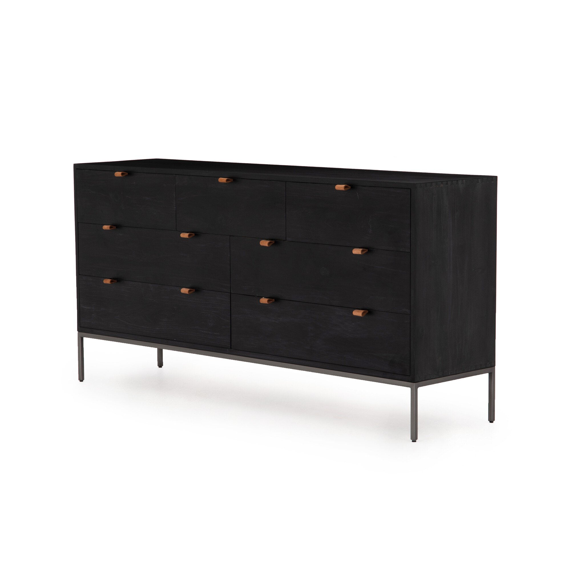 Four Hands Trey 7 Drawer Dresser — Black Wash Poplar-Natural Iron-Toffee Leather