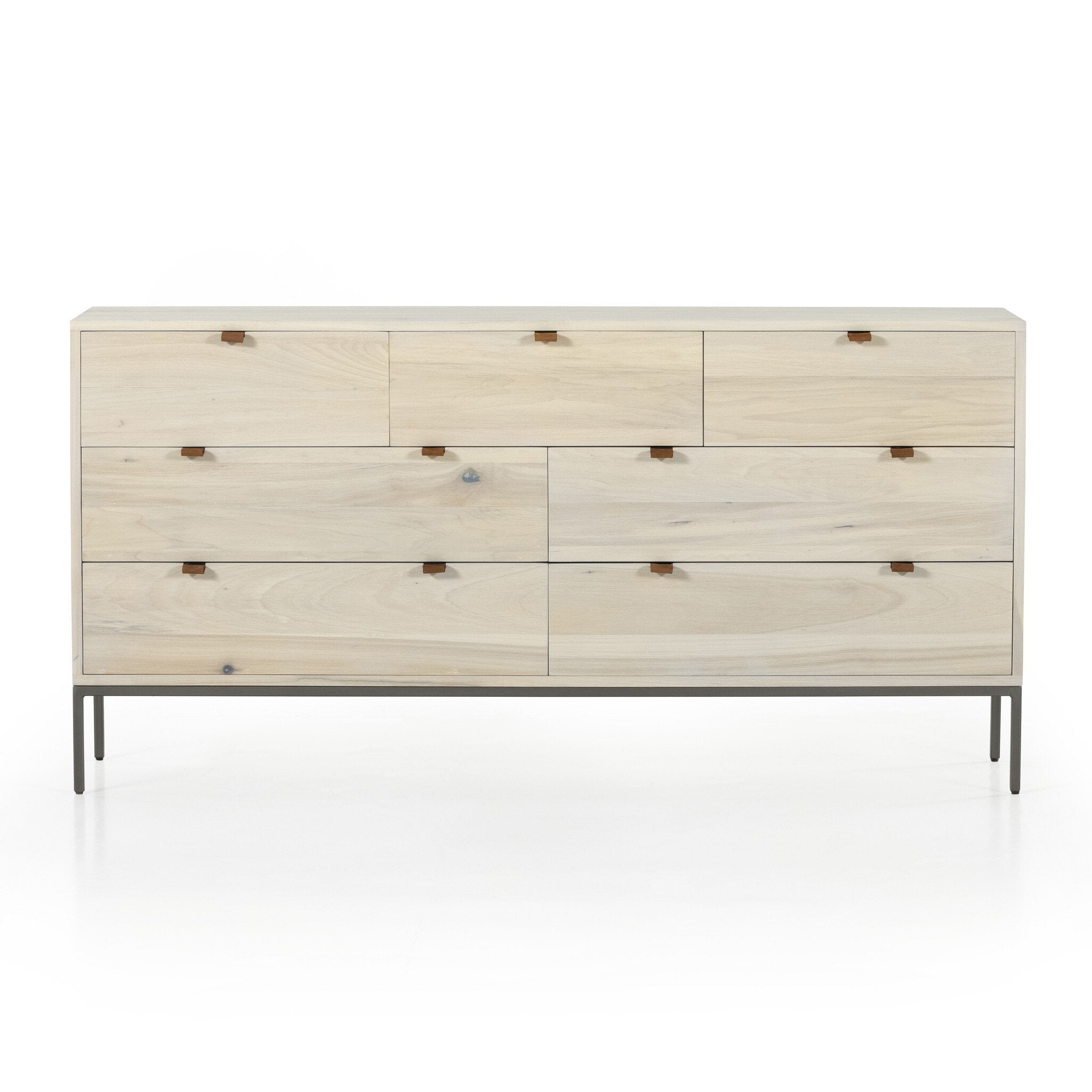 Four Hands Trey 7 Drawer Dresser — Dove Poplar-Natural Iron-Toffee Leather