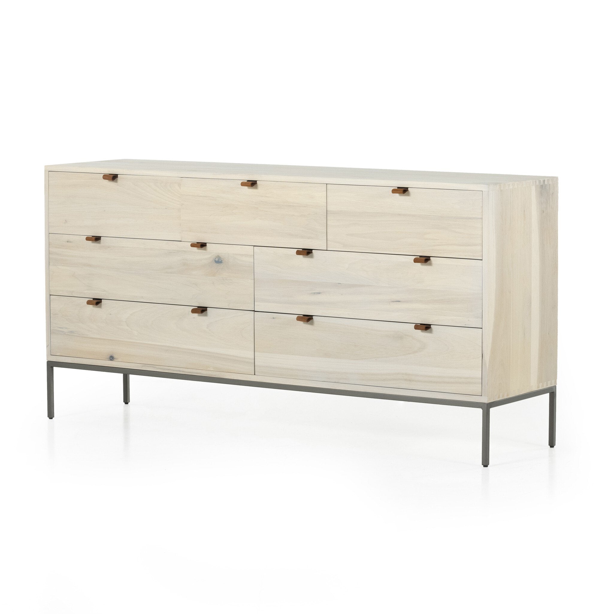Four Hands Trey 7 Drawer Dresser — Dove Poplar-Natural Iron-Toffee Leather